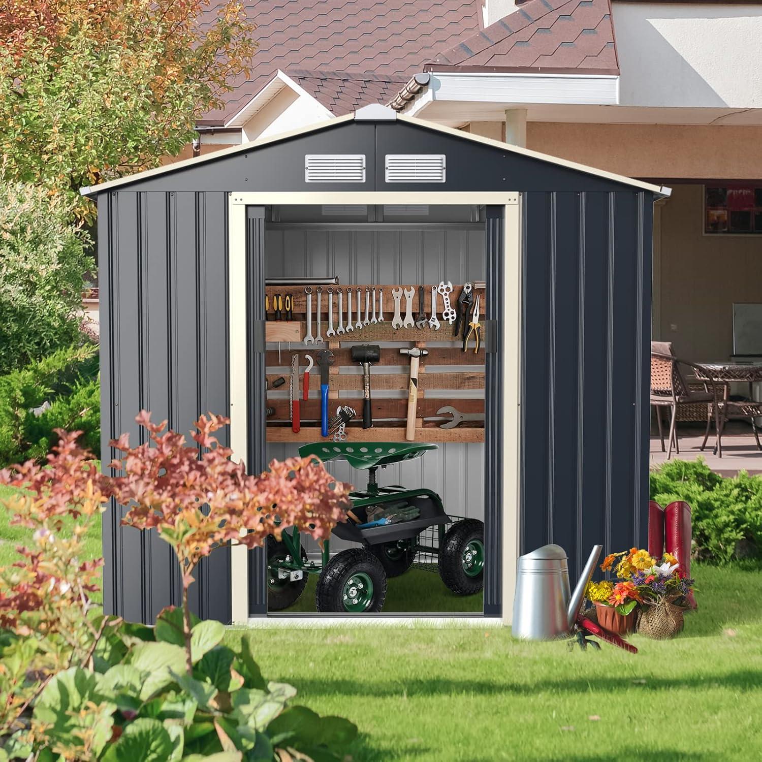image:imageGiantex Outdoor Storage Shed with Double Sliding Door Galvanized Metal Garden Storage Room Front and Back Vent Weather Resistant Tool Storage Shed for Backyard Patio Lawn 7 x 4 FT7 x 4 FT