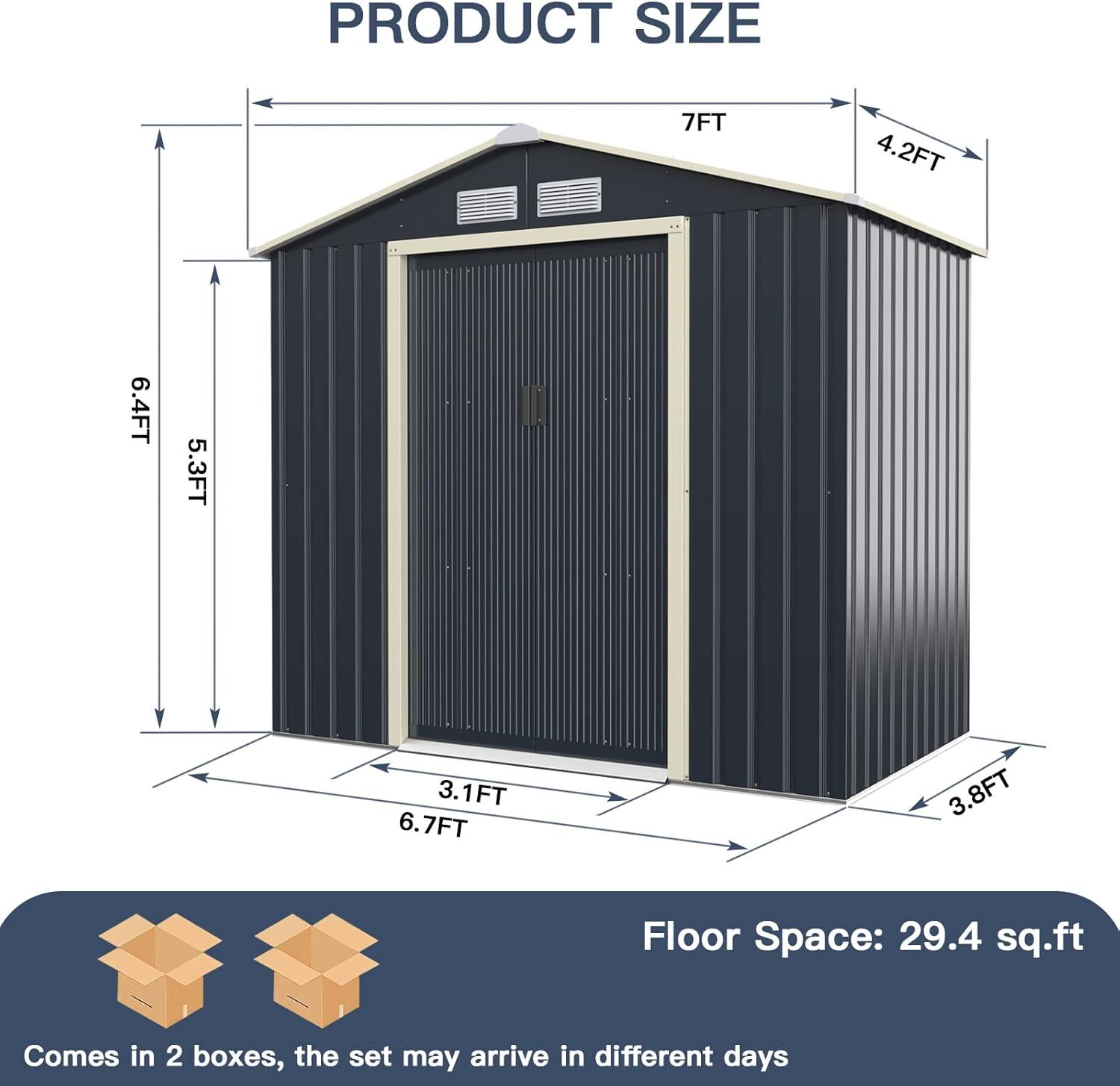 image:imageGiantex Outdoor Storage Shed with Double Sliding Door Galvanized Metal Garden Storage Room Front and Back Vent Weather Resistant Tool Storage Shed for Backyard Patio Lawn 7 x 4 FT7 x 4 FT