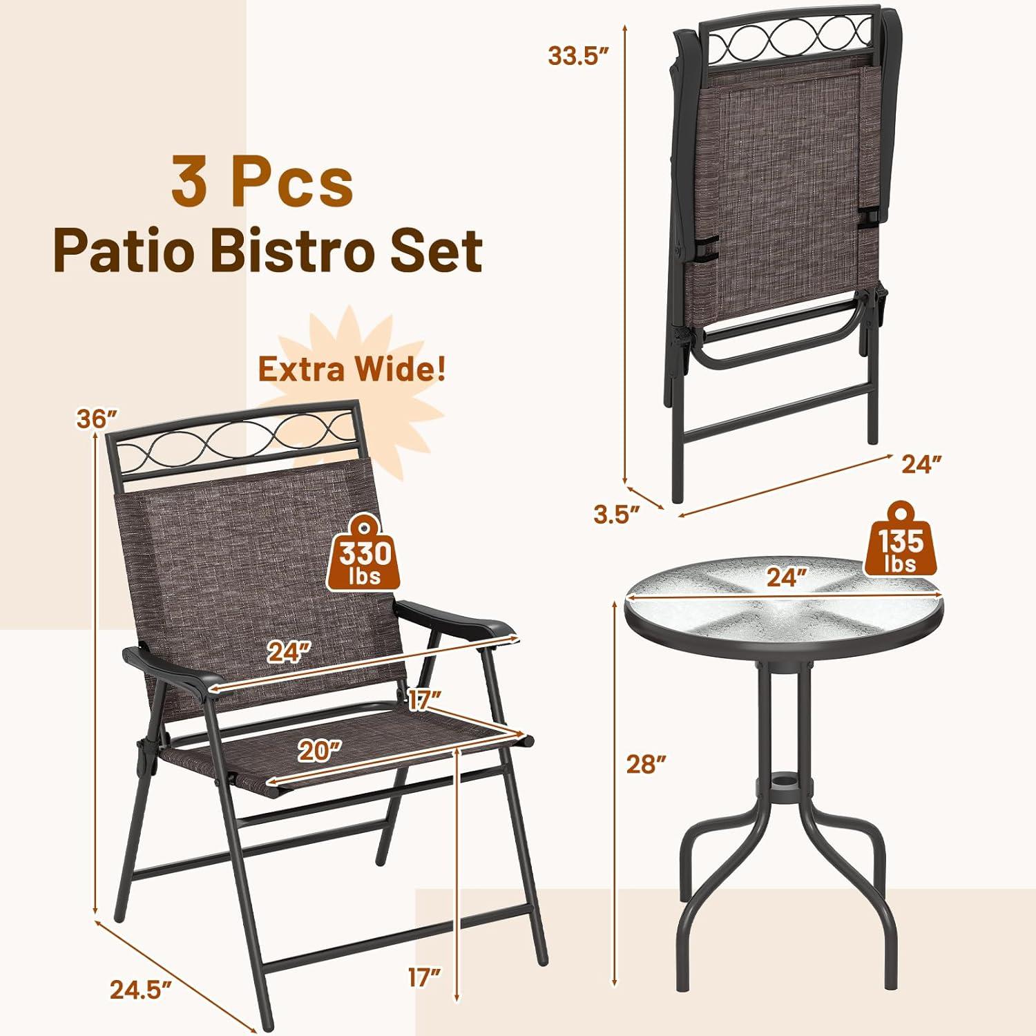 image:imageGiantex Patio Dining Set Round Glass Table with 2 Patio Folding Chairs Outdoor Table and Chairs for Garden Pool Backyard Tempered Glass Tabletop with Umbrella Hole BrownBrown