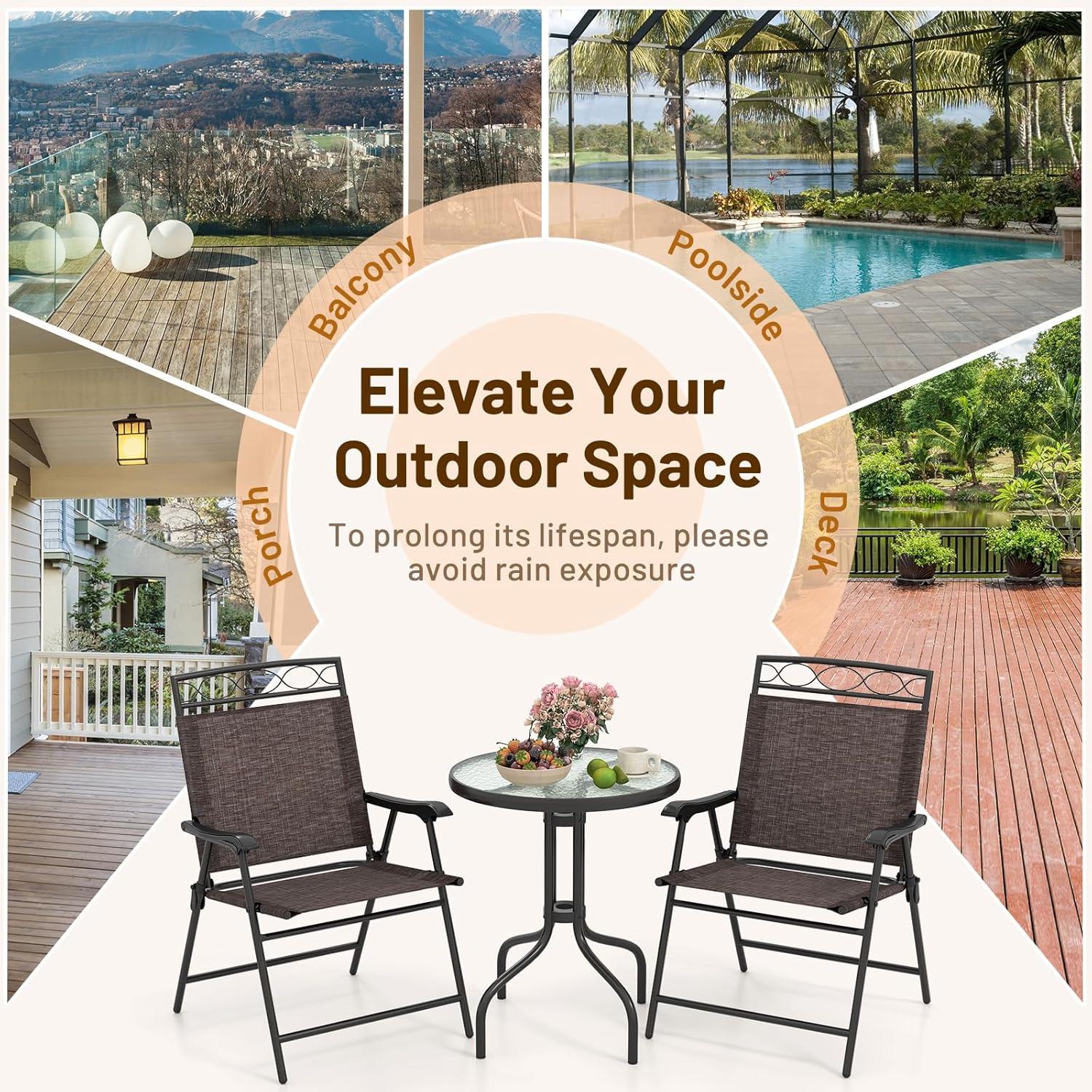 image:imageGiantex Patio Dining Set Round Glass Table with 2 Patio Folding Chairs Outdoor Table and Chairs for Garden Pool Backyard Tempered Glass Tabletop with Umbrella Hole BrownBrown