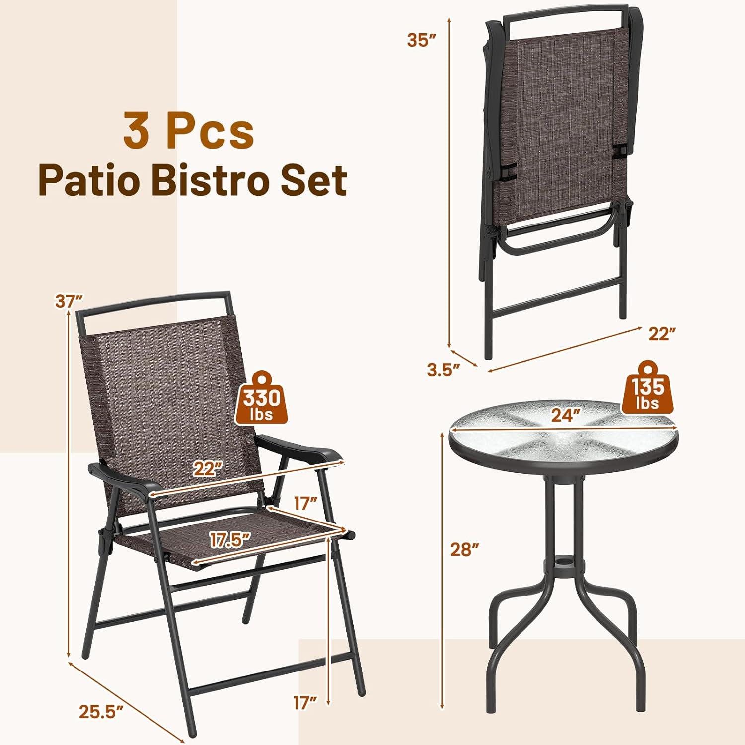 image:imageGiantex Patio Dining Set with 2 Patio Folding Chairs Outdoor Round Table and Chairs for Garden Pool Backyard Tempered Glass Tabletop Bistro Dining Furniture Set BrownBrown
