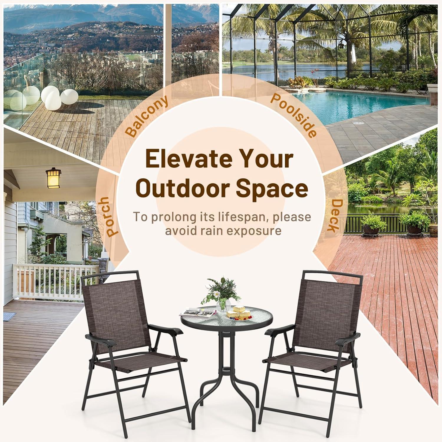 image:imageGiantex Patio Dining Set with 2 Patio Folding Chairs Outdoor Round Table and Chairs for Garden Pool Backyard Tempered Glass Tabletop Bistro Dining Furniture Set BrownBrown