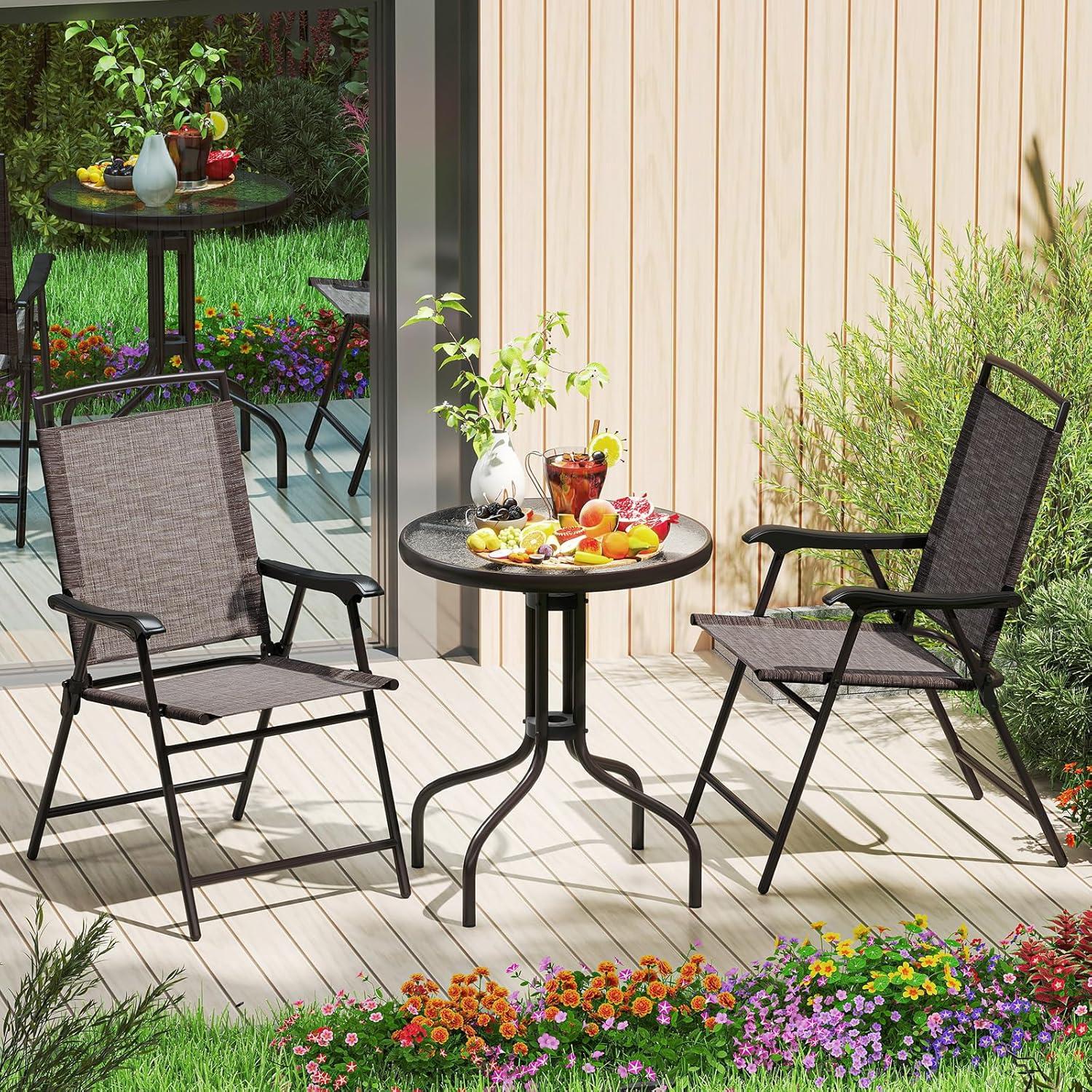 image:imageGiantex Patio Dining Set with 2 Patio Folding Chairs Outdoor Round Table and Chairs for Garden Pool Backyard Tempered Glass Tabletop Bistro Dining Furniture Set BrownBrown