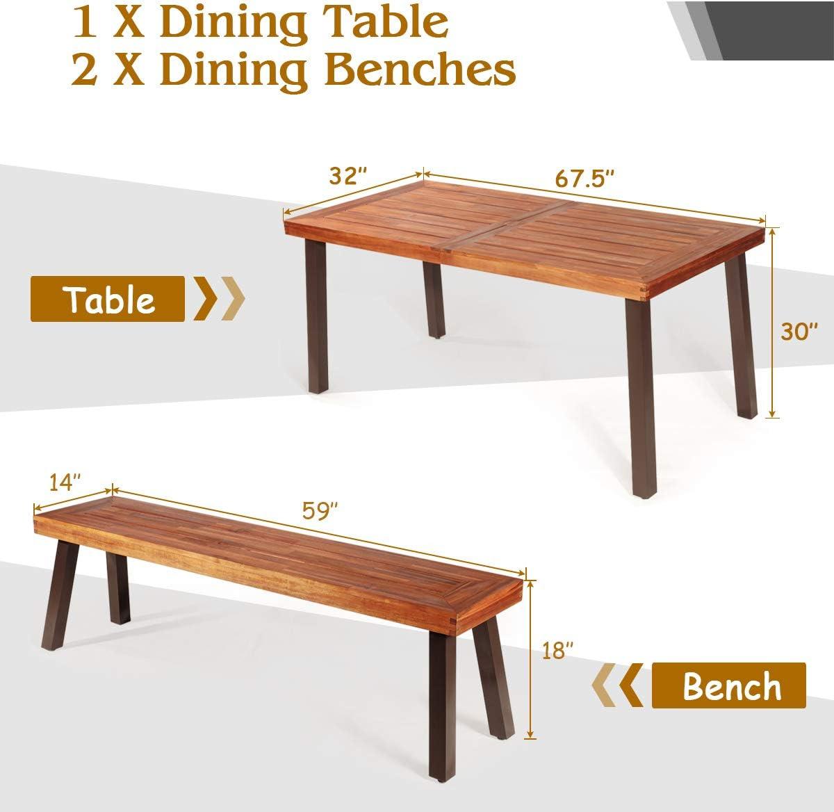 image:imageGiantex Patio Dining Table Set with 2 Benches Outdoor Picnic Table Set with Umbrella Hole Acacia Wood Patio Seating and Rectangular Table for Backyard Garden Lawn Rustic BrownRustic Brown