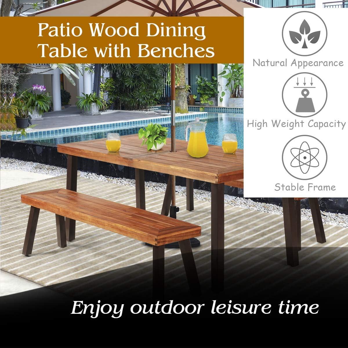 image:imageGiantex Patio Dining Table Set with 2 Benches Outdoor Picnic Table Set with Umbrella Hole Acacia Wood Patio Seating and Rectangular Table for Backyard Garden Lawn Rustic BrownRustic Brown