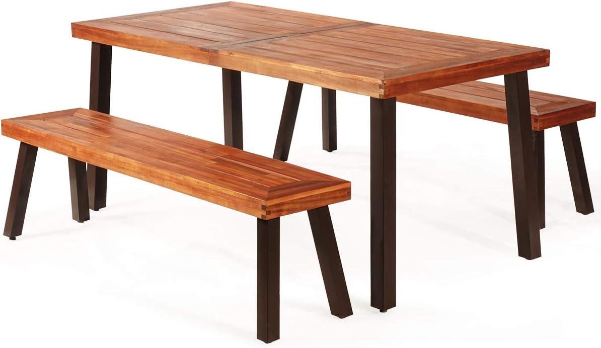 image:imageGiantex Patio Dining Table Set with 2 Benches Outdoor Picnic Table Set with Umbrella Hole Acacia Wood Patio Seating and Rectangular Table for Backyard Garden Lawn Rustic BrownRustic Brown