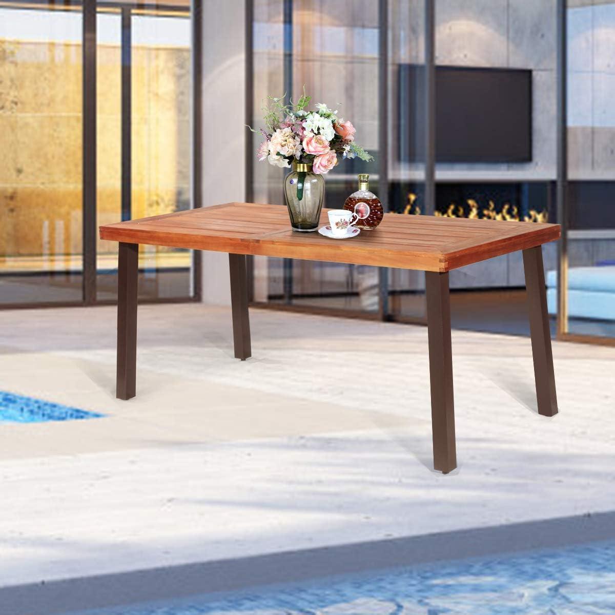 image:imageGiantex Patio Dining Table with Umbrella Hole Outdoor Picnic Table for Backyard Garden Lawn Farmhouse Acacia Wood Rectangular Table with Metal Legs Rustic BrownAcacia
