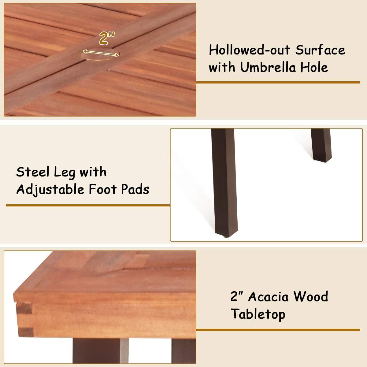 image:imageGiantex Patio Dining Table with Umbrella Hole Outdoor Picnic Table for Backyard Garden Lawn Farmhouse Acacia Wood Rectangular Table with Metal Legs Rustic BrownAcacia