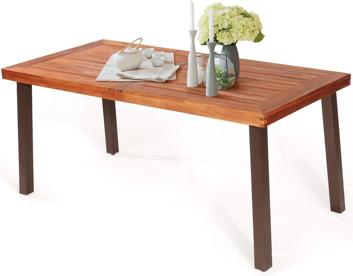 image:imageGiantex Patio Dining Table with Umbrella Hole Outdoor Picnic Table for Backyard Garden Lawn Farmhouse Acacia Wood Rectangular Table with Metal Legs Rustic BrownAcacia
