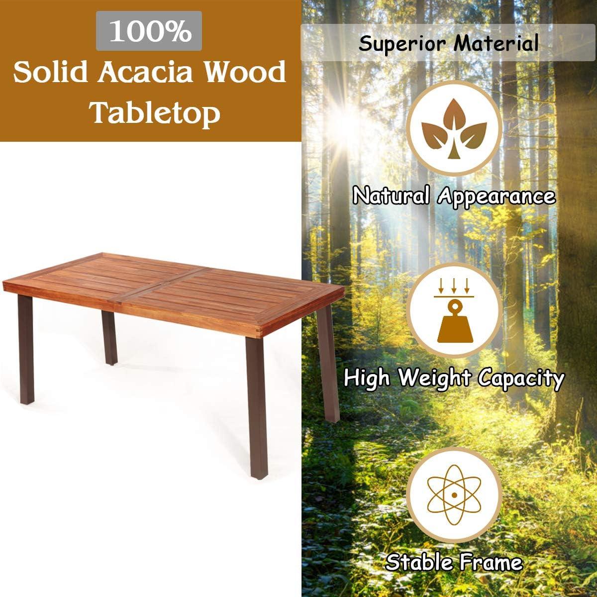 image:imageGiantex Patio Dining Table with Umbrella Hole Outdoor Picnic Table for Backyard Garden Lawn Farmhouse Acacia Wood Rectangular Table with Metal Legs Rustic BrownAcacia