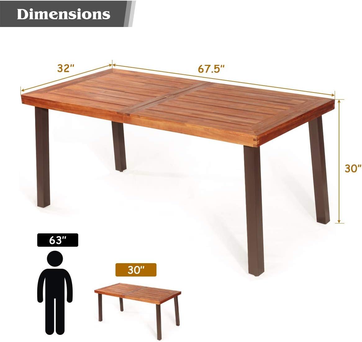 image:imageGiantex Patio Dining Table with Umbrella Hole Outdoor Picnic Table for Backyard Garden Lawn Farmhouse Acacia Wood Rectangular Table with Metal Legs Rustic BrownAcacia