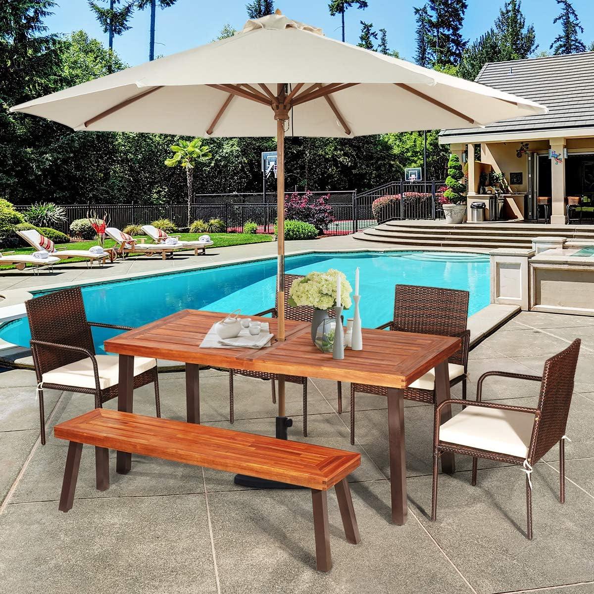 image:imageGiantex Patio Dining Table with Umbrella Hole Outdoor Picnic Table for Backyard Garden Lawn Farmhouse Acacia Wood Rectangular Table with Metal Legs Rustic BrownAcacia