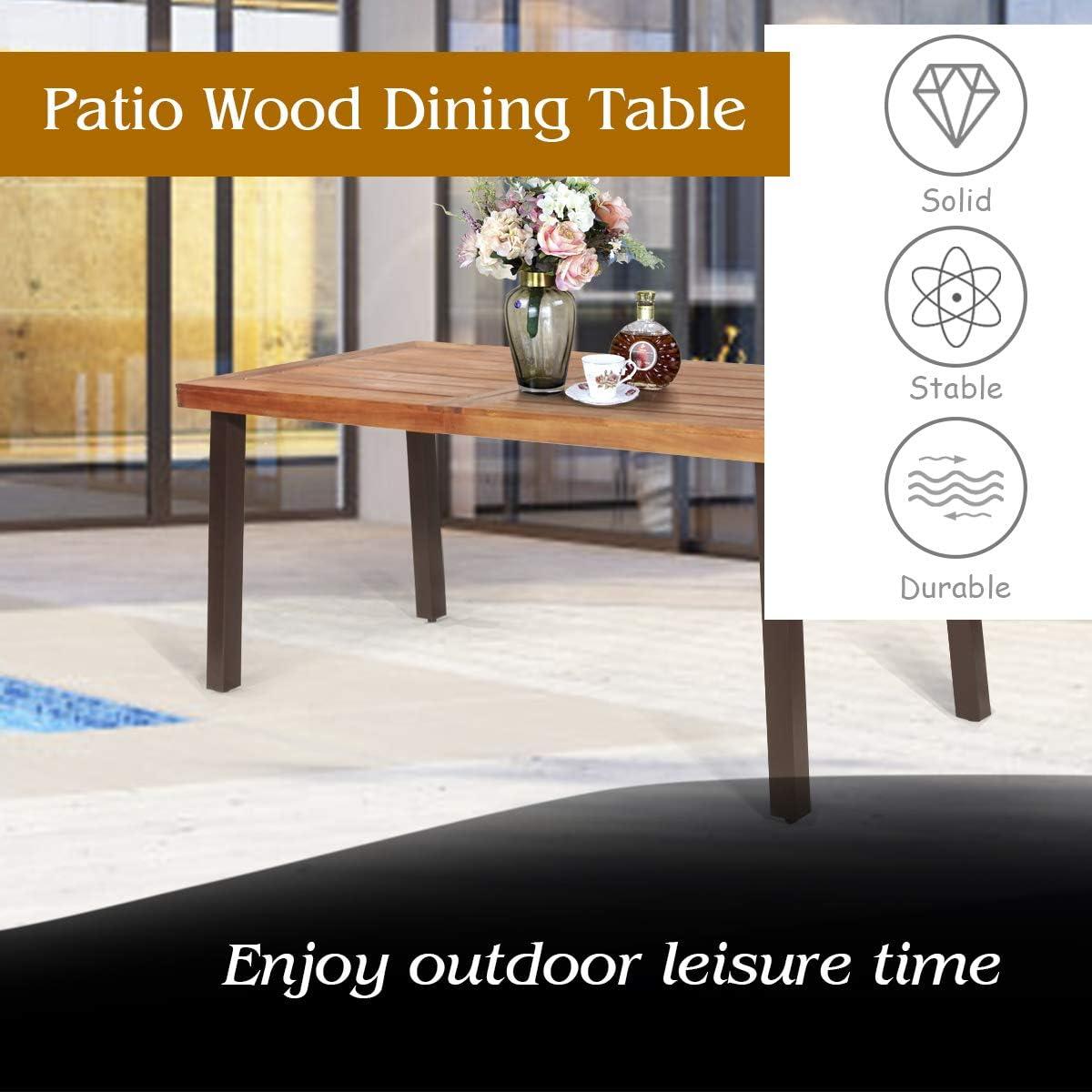 image:imageGiantex Patio Dining Table with Umbrella Hole Outdoor Picnic Table for Backyard Garden Lawn Farmhouse Acacia Wood Rectangular Table with Metal Legs Rustic BrownAcacia