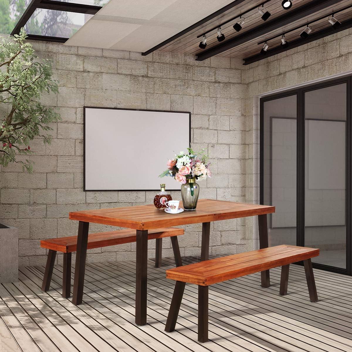 image:imageGiantex Patio Dining Table with Umbrella Hole Outdoor Picnic Table for Backyard Garden Lawn Farmhouse Acacia Wood Rectangular Table with Metal Legs Rustic BrownAcacia