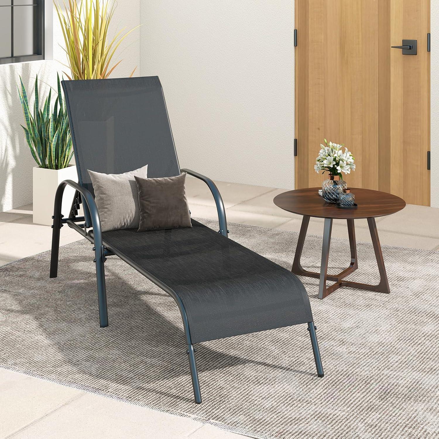 image:imageGiantex Patio Lounge Chair Outdoor Chaise Lounge with 5 Adjustable Backrest Sturdy Steel Frame Sunbathing Recliner Beach Chair Tanning Chair for Outside Yard Balcony Pool Chairs BlackBlack
