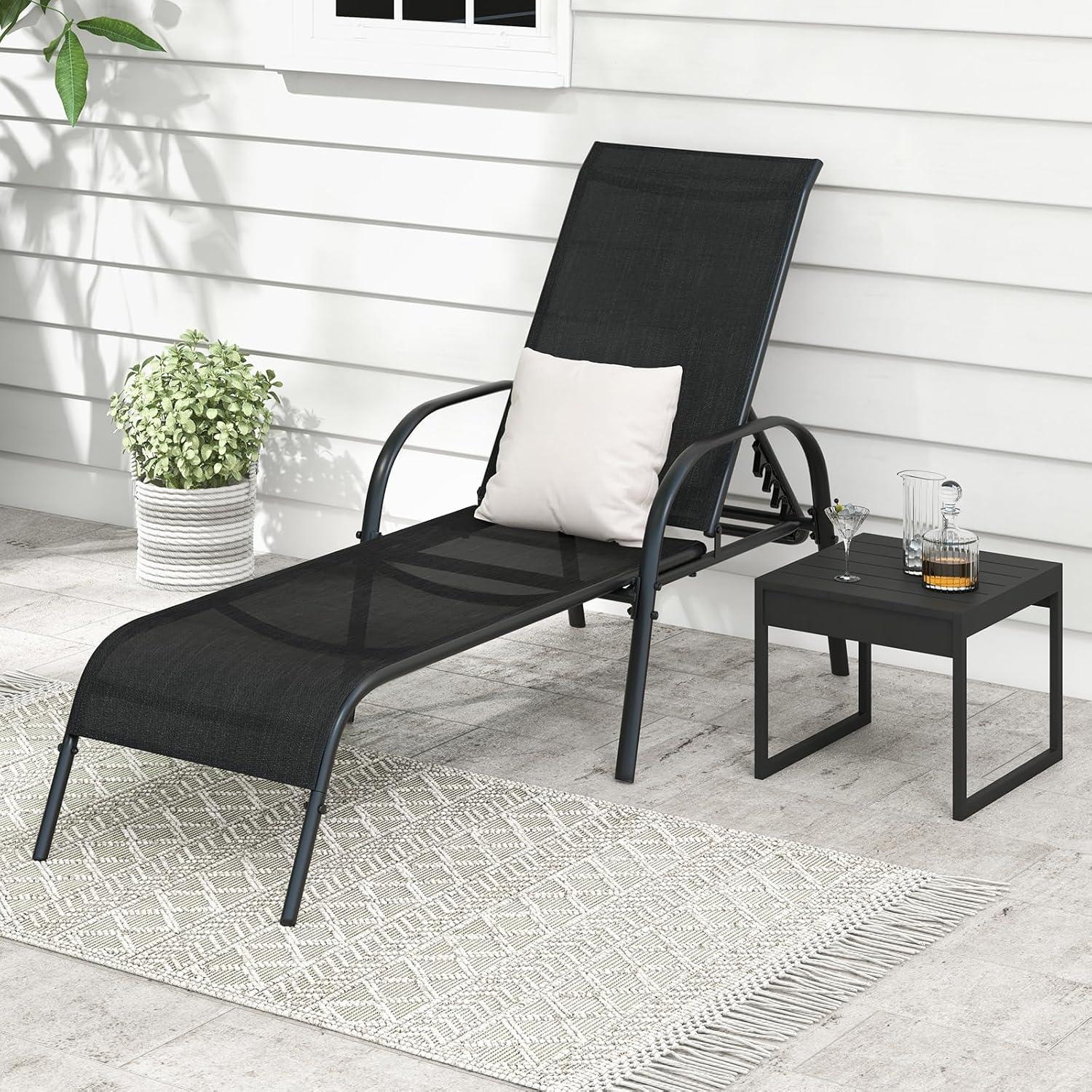 image:imageGiantex Patio Lounge Chair Outdoor Chaise Lounge with 5 Adjustable Backrest Sturdy Steel Frame Sunbathing Recliner Beach Chair Tanning Chair for Outside Yard Balcony Pool Chairs BlackBlack
