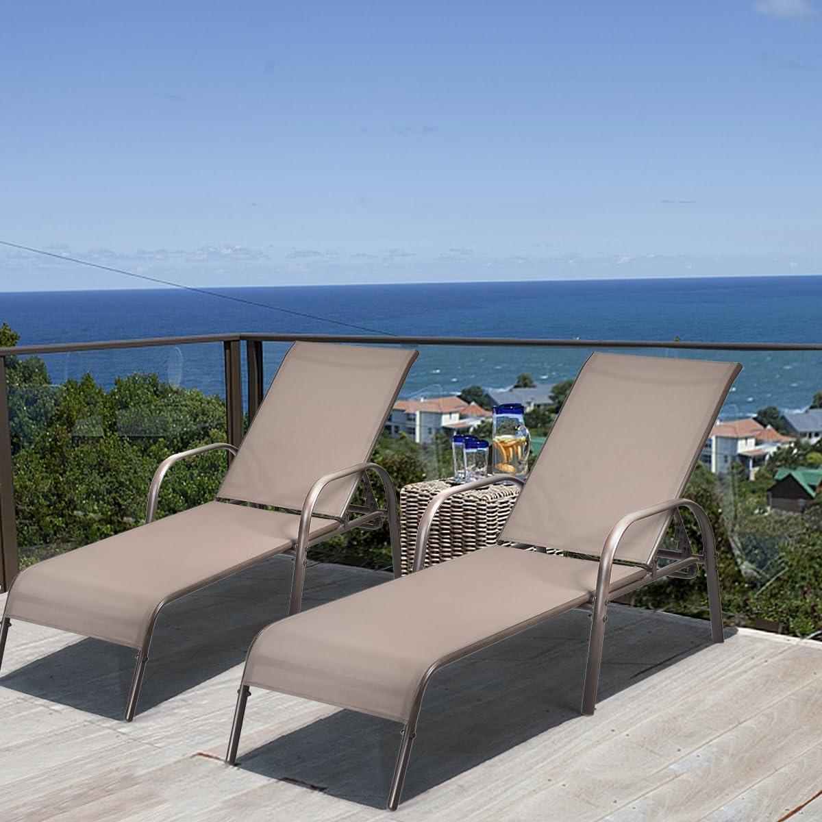 image:imageGiantex Patio Lounge Chair Outdoor Chaise Lounge with 5 Adjustable Backrest Sturdy Steel Frame Sunbathing Recliner Beach Chair Tanning Chair for Outside Yard Balcony Pool Chairs BlackBrown