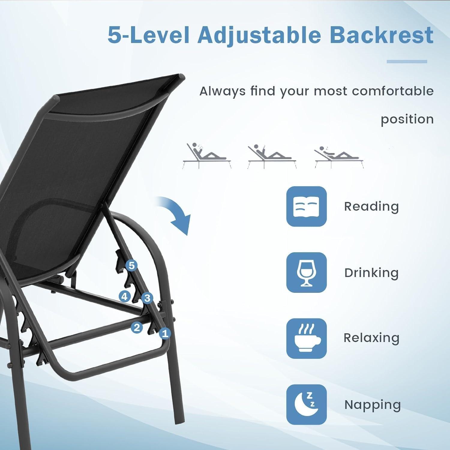 image:imageGiantex Patio Lounge Chair Outdoor Chaise Lounge with 5 Adjustable Backrest Sturdy Steel Frame Sunbathing Recliner Beach Chair Tanning Chair for Outside Yard Balcony Pool Chairs BlackBlack