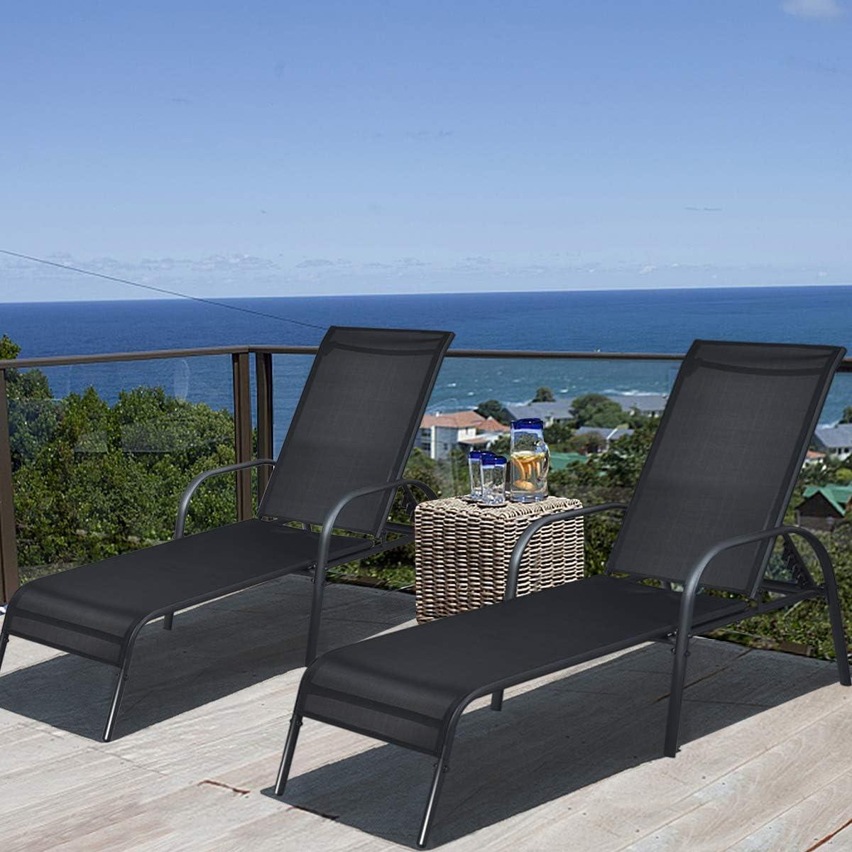 image:imageGiantex Patio Lounge Chair Outdoor Chaise Lounge with 5 Adjustable Backrest Sturdy Steel Frame Sunbathing Recliner Beach Chair Tanning Chair for Outside Yard Balcony Pool Chairs BlackBlack