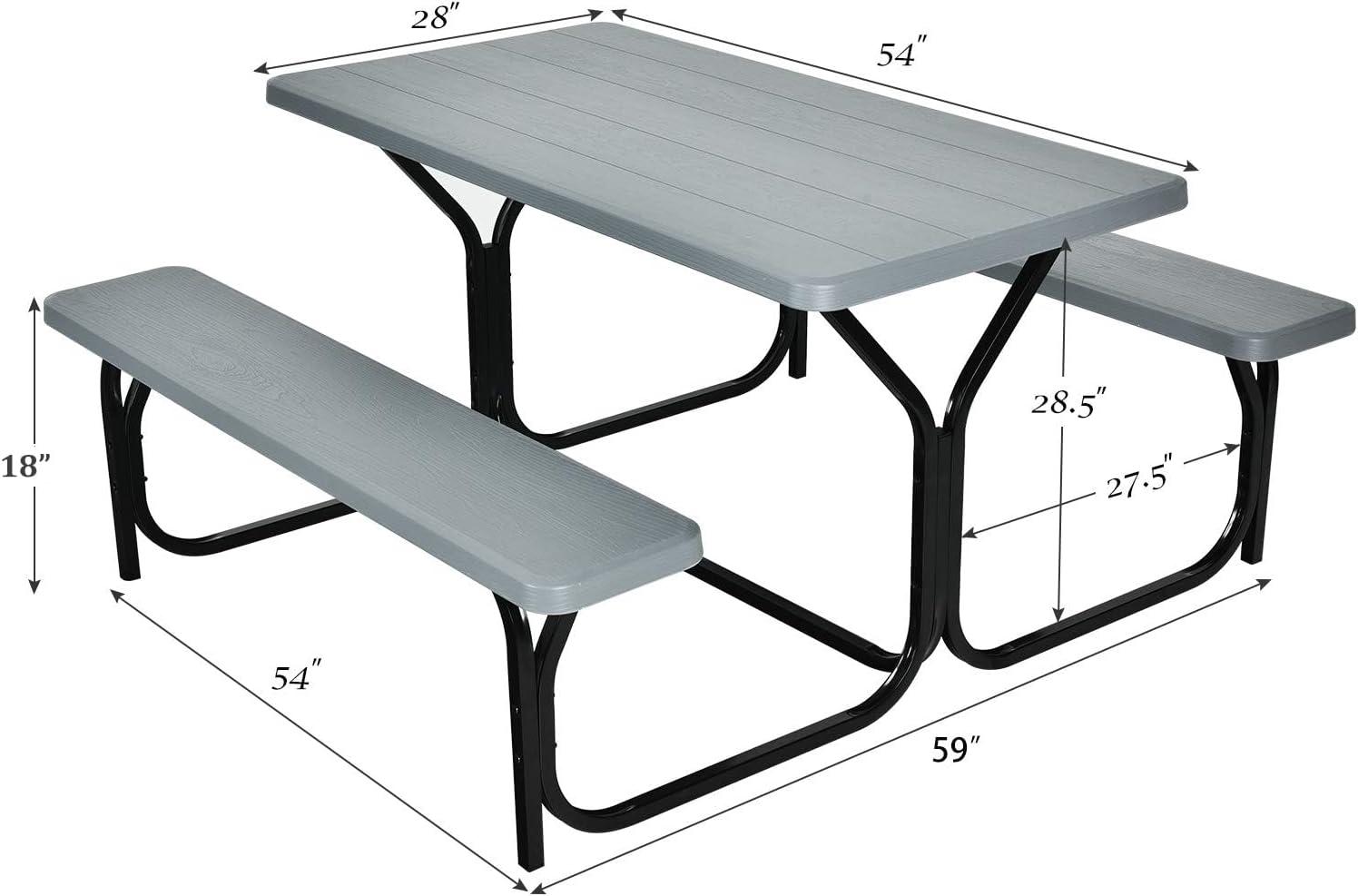 image:imageGiantex Picnic Table Bench Set Outdoor Camping All Weather Metal Base WoodLike Texture Backyard Poolside Dining Party Garden Patio Lawn Deck Large Camping Picnic Tables for Adult WhiteGrey