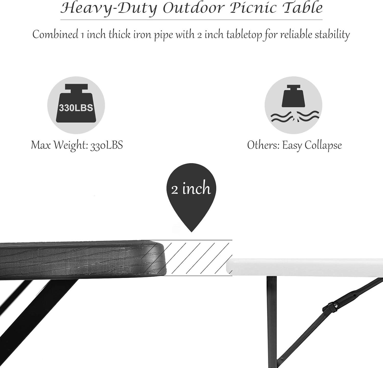 image:imageGiantex Picnic Table Bench Set Outdoor Camping All Weather Metal Base WoodLike Texture Backyard Poolside Dining Party Garden Patio Lawn Deck Large Camping Picnic Tables for Adult WhiteBlack