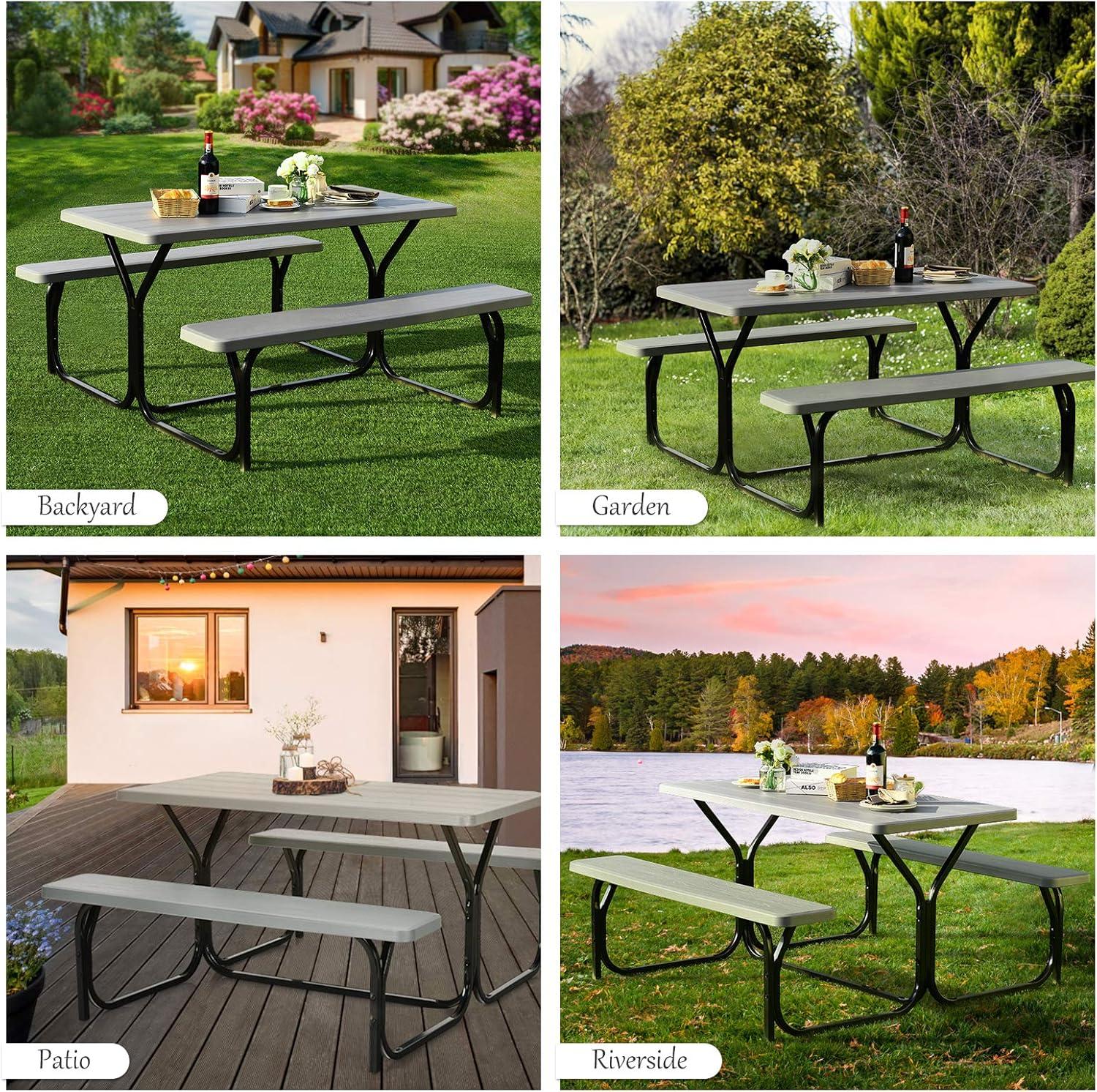 image:imageGiantex Picnic Table Bench Set Outdoor Camping All Weather Metal Base WoodLike Texture Backyard Poolside Dining Party Garden Patio Lawn Deck Large Camping Picnic Tables for Adult WhiteGrey