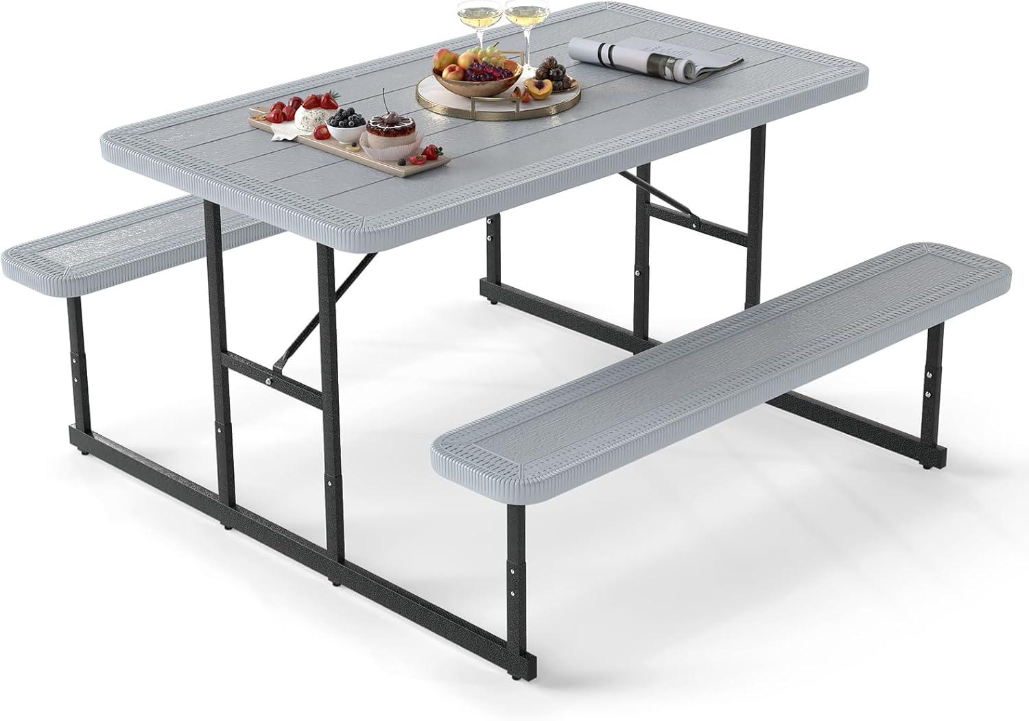 image:imageGiantex Picnic Table Bench Set for 4 People 45FT Outdoor Rectangular Dining Table amp 2 Benches wUmbrella Hole HDPE Tabletop Metal Frame Patio Garden Backyard Poolside 45FTNonFoldableGrayGrey