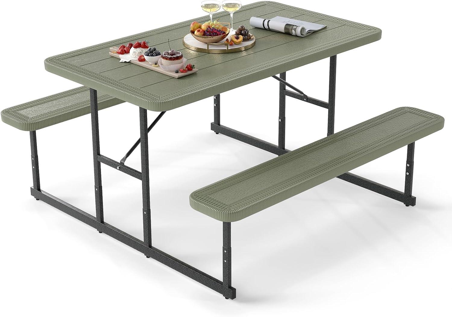 image:imageGiantex Picnic Table Bench Set for 4 People 45FT Outdoor Rectangular Dining Table amp 2 Benches wUmbrella Hole HDPE Tabletop Metal Frame Patio Garden Backyard Poolside 45FTNonFoldableGrayGreen