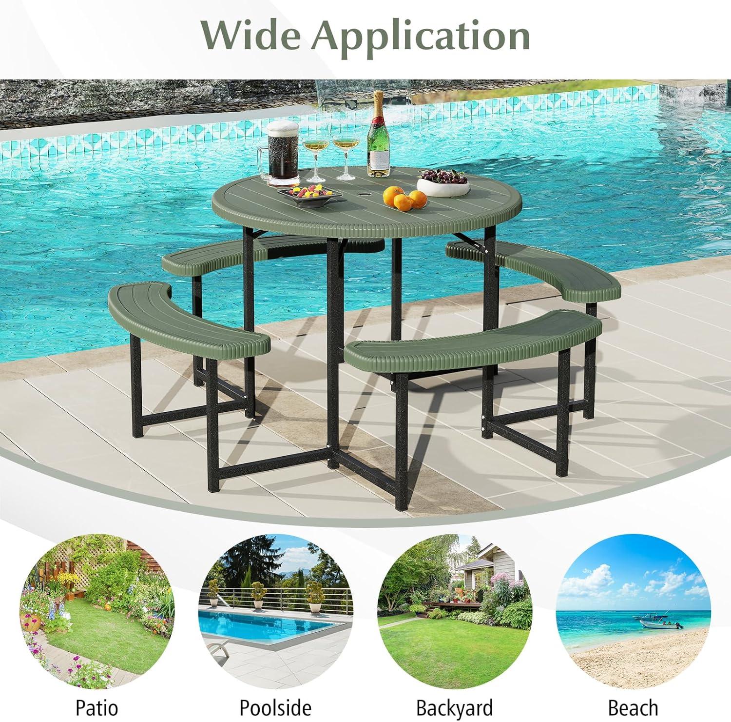 image:imageGiantex Picnic Table Bench Set for 4 People 45FT Outdoor Rectangular Dining Table amp 2 Benches wUmbrella Hole HDPE Tabletop Metal Frame Patio Garden Backyard Poolside 45FTNonFoldableGrayGreen
