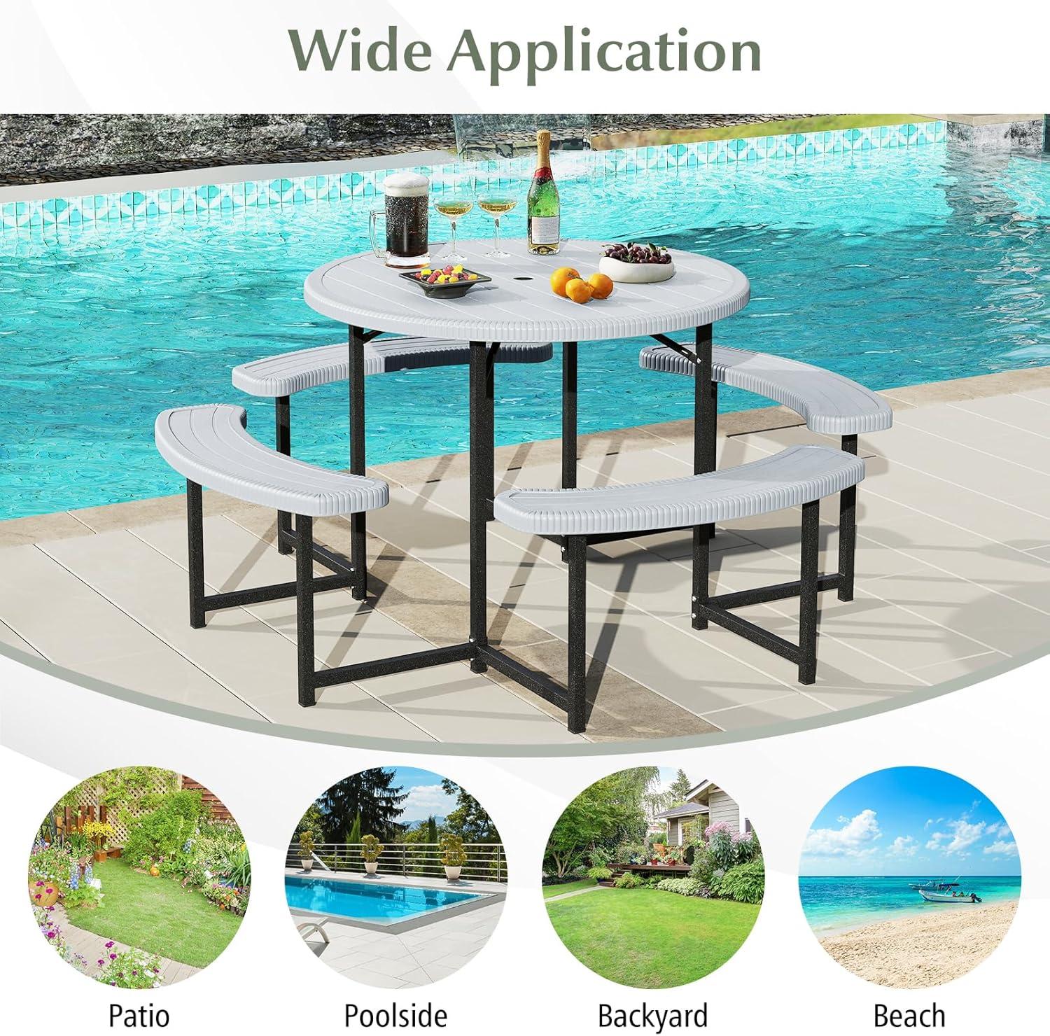 image:imageGiantex Picnic Table Bench Set for 4 People 45FT Outdoor Rectangular Dining Table amp 2 Benches wUmbrella Hole HDPE Tabletop Metal Frame Patio Garden Backyard Poolside 45FTNonFoldableGrayWhite