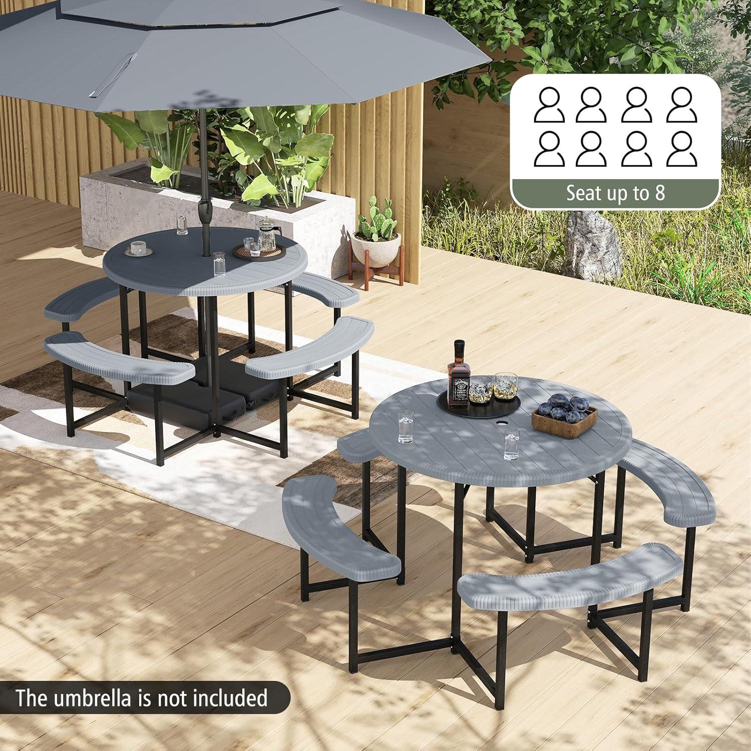 image:imageGiantex Picnic Table Bench Set for 4 People 45FT Outdoor Rectangular Dining Table amp 2 Benches wUmbrella Hole HDPE Tabletop Metal Frame Patio Garden Backyard Poolside 45FTNonFoldableGrayGrey