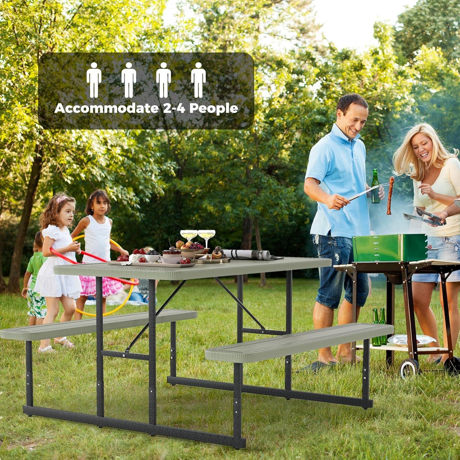 image:imageGiantex Picnic Table Bench Set for 4 People 45FT Outdoor Rectangular Dining Table amp 2 Benches wUmbrella Hole HDPE Tabletop Metal Frame Patio Garden Backyard Poolside 45FTNonFoldableGrayGreen