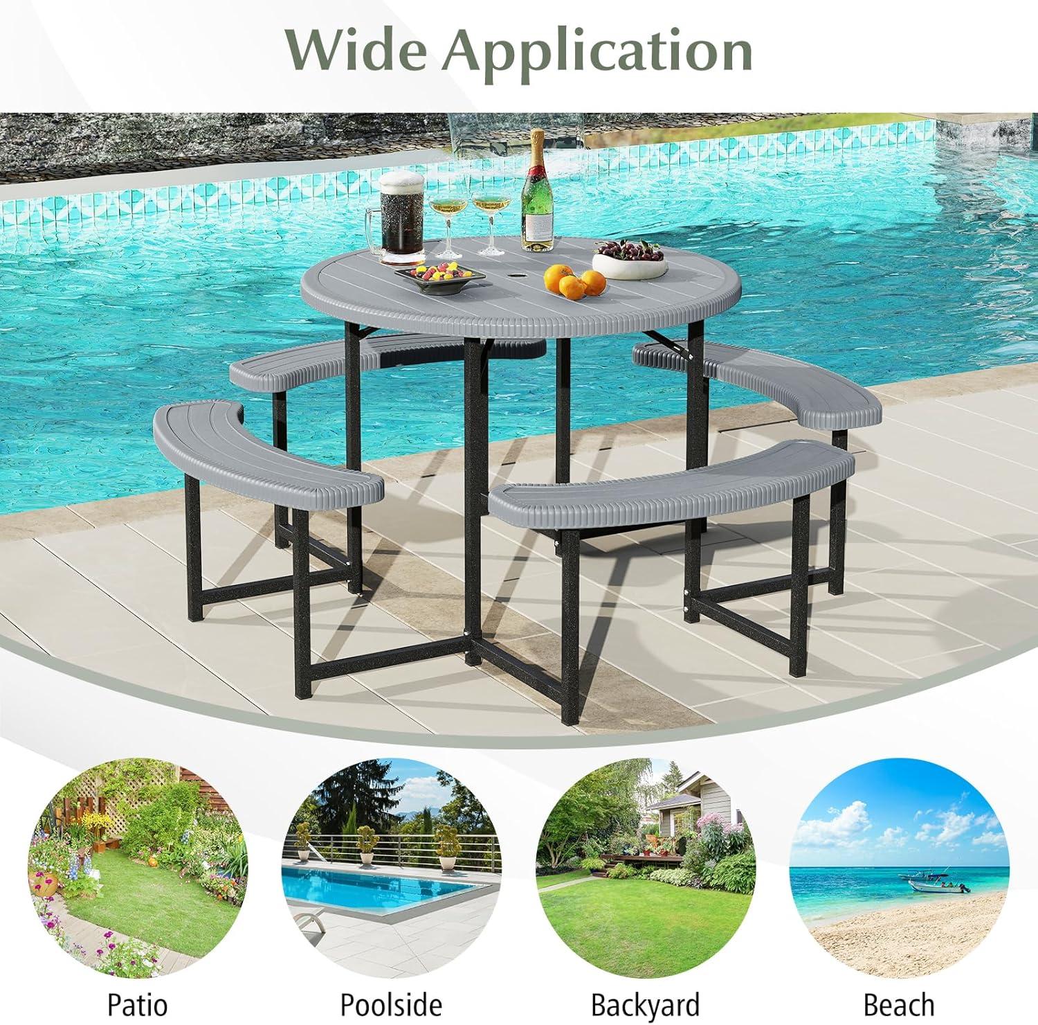 image:imageGiantex Picnic Table Bench Set for 4 People 45FT Outdoor Rectangular Dining Table amp 2 Benches wUmbrella Hole HDPE Tabletop Metal Frame Patio Garden Backyard Poolside 45FTNonFoldableGrayGrey