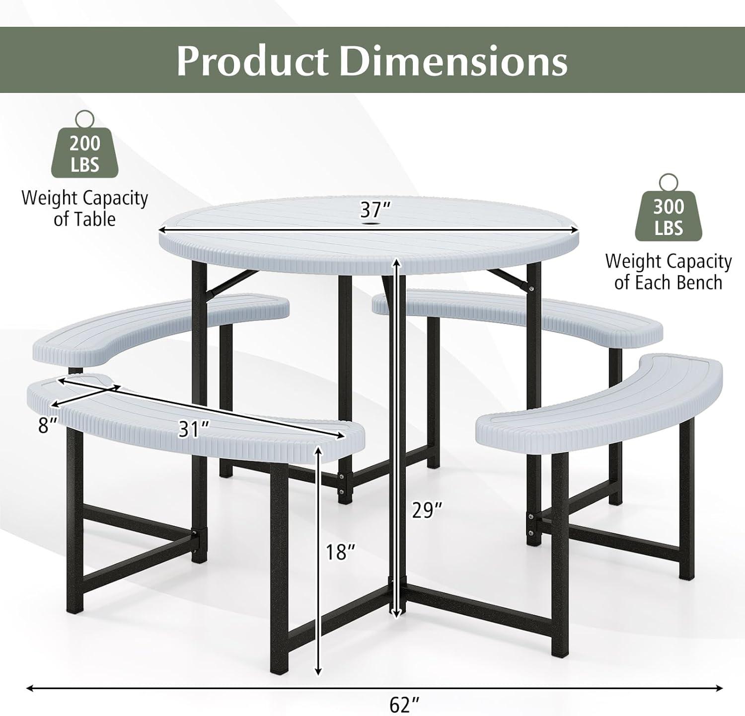 image:imageGiantex Picnic Table Bench Set for 4 People 45FT Outdoor Rectangular Dining Table amp 2 Benches wUmbrella Hole HDPE Tabletop Metal Frame Patio Garden Backyard Poolside 45FTNonFoldableGrayGrey