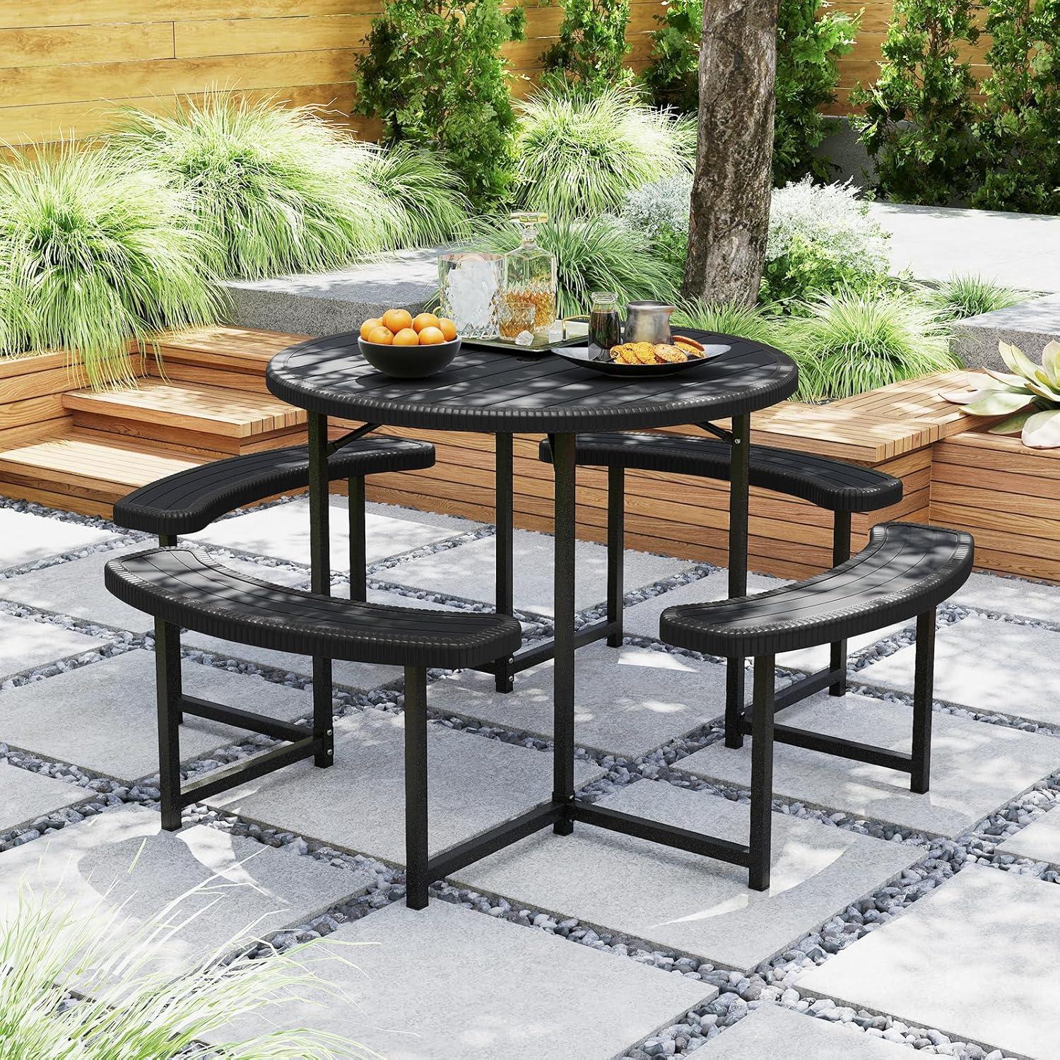 image:imageGiantex Picnic Table Bench Set for 4 People 45FT Outdoor Rectangular Dining Table amp 2 Benches wUmbrella Hole HDPE Tabletop Metal Frame Patio Garden Backyard Poolside 45FTNonFoldableGrayBlack