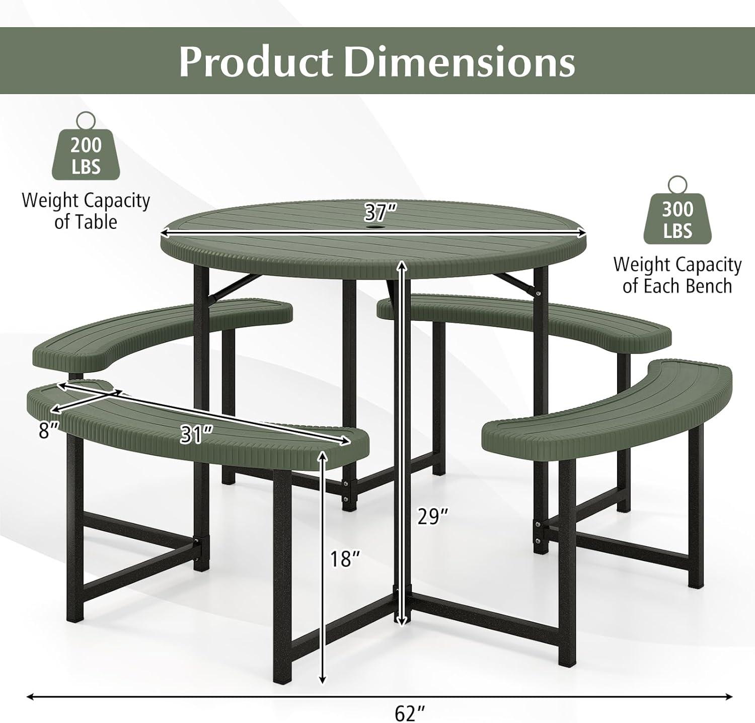 image:imageGiantex Picnic Table Bench Set for 4 People 45FT Outdoor Rectangular Dining Table amp 2 Benches wUmbrella Hole HDPE Tabletop Metal Frame Patio Garden Backyard Poolside 45FTNonFoldableGrayGreen