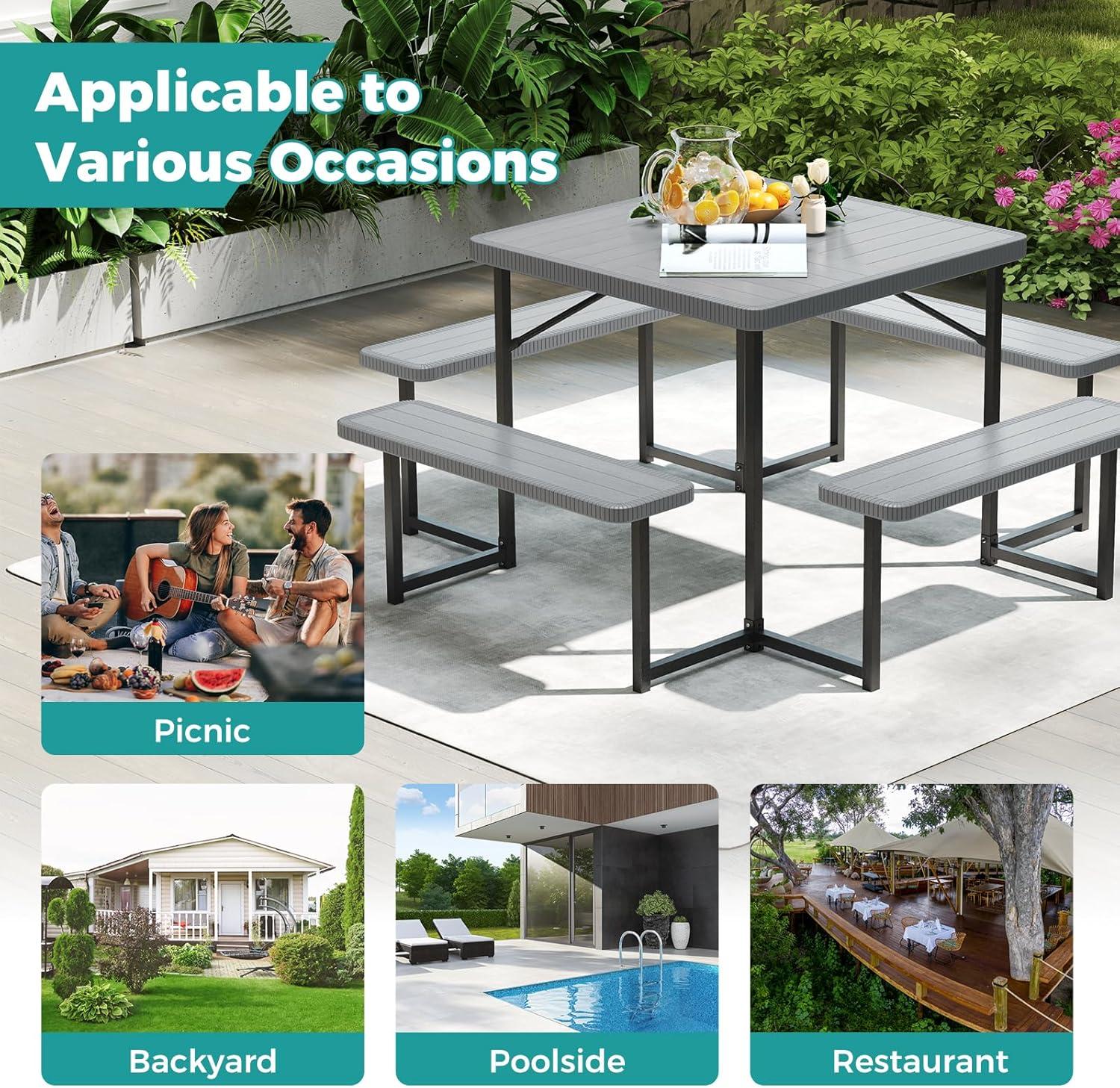 image:imageGiantex Picnic Table Bench Set for 4 People 45FT Outdoor Rectangular Dining Table amp 2 Benches wUmbrella Hole HDPE Tabletop Metal Frame Patio Garden Backyard Poolside 45FTNonFoldableGrayGrey
