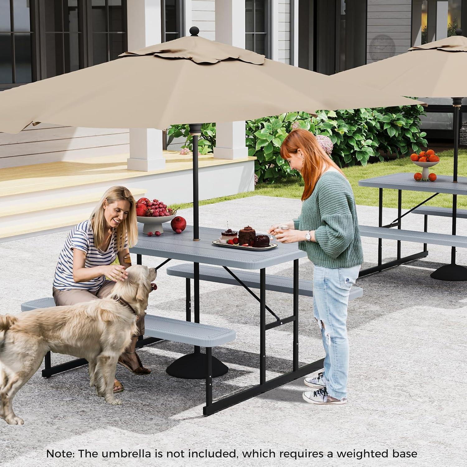 image:imageGiantex Picnic Table Bench Set for 4 People 45FT Outdoor Rectangular Dining Table amp 2 Benches wUmbrella Hole HDPE Tabletop Metal Frame Patio Garden Backyard Poolside 45FTNonFoldableGrayGrey