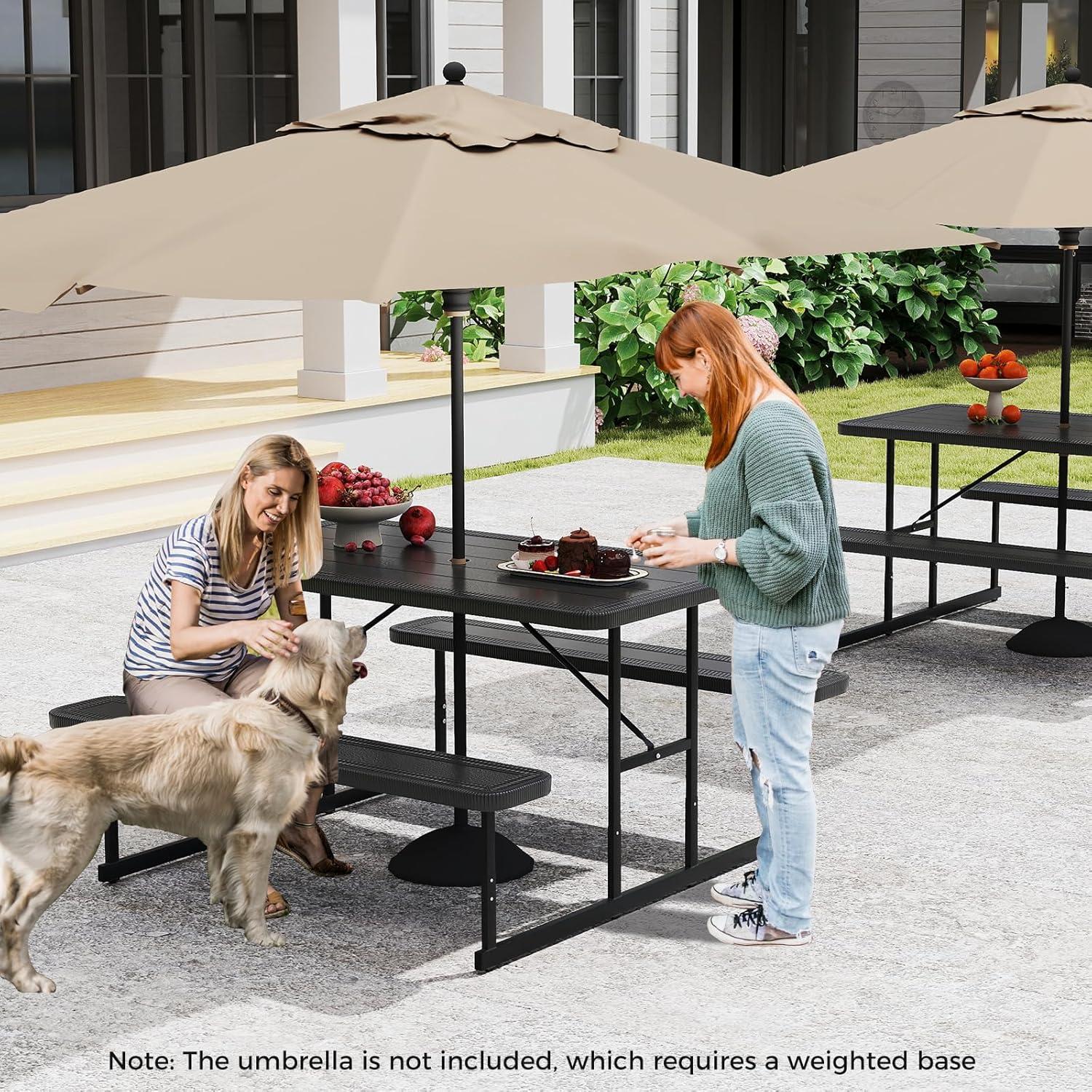 image:imageGiantex Picnic Table Bench Set for 4 People 45FT Outdoor Rectangular Dining Table amp 2 Benches wUmbrella Hole HDPE Tabletop Metal Frame Patio Garden Backyard Poolside 45FTNonFoldableGrayBlack