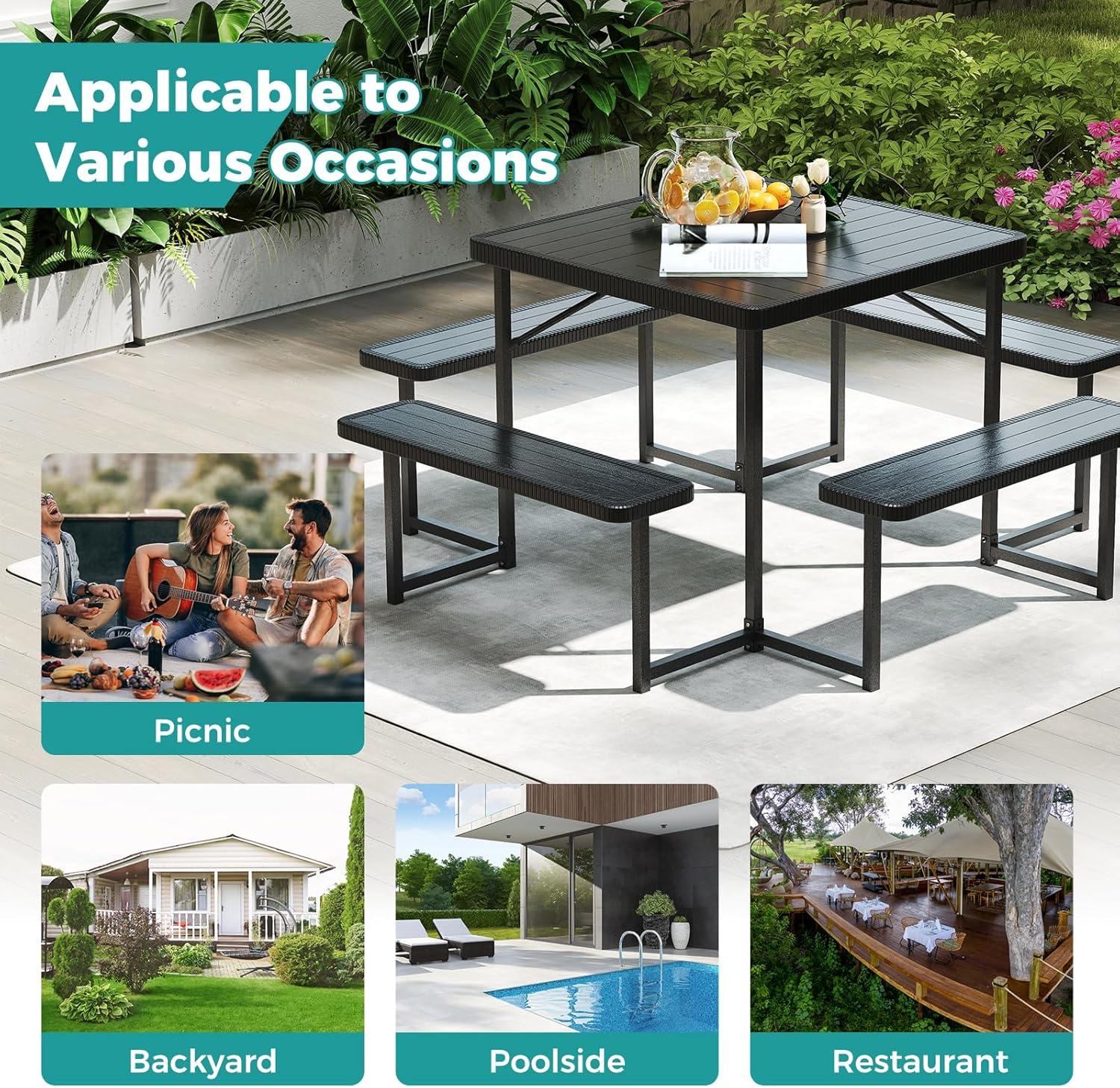 image:imageGiantex Picnic Table Bench Set for 4 People 45FT Outdoor Rectangular Dining Table amp 2 Benches wUmbrella Hole HDPE Tabletop Metal Frame Patio Garden Backyard Poolside 45FTNonFoldableGrayBlack