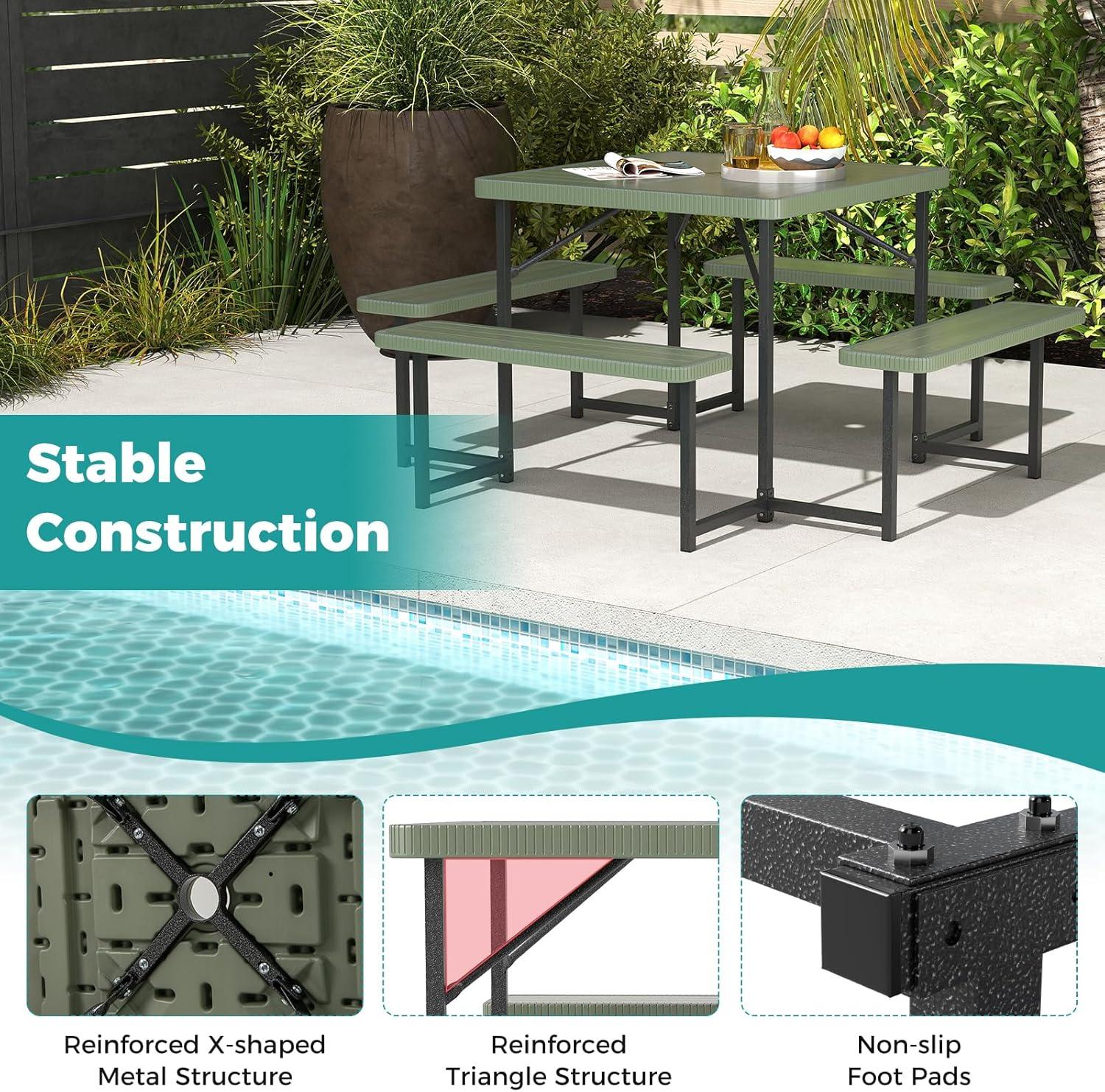 image:imageGiantex Picnic Table Bench Set for 4 People 45FT Outdoor Rectangular Dining Table amp 2 Benches wUmbrella Hole HDPE Tabletop Metal Frame Patio Garden Backyard Poolside 45FTNonFoldableGrayGreen