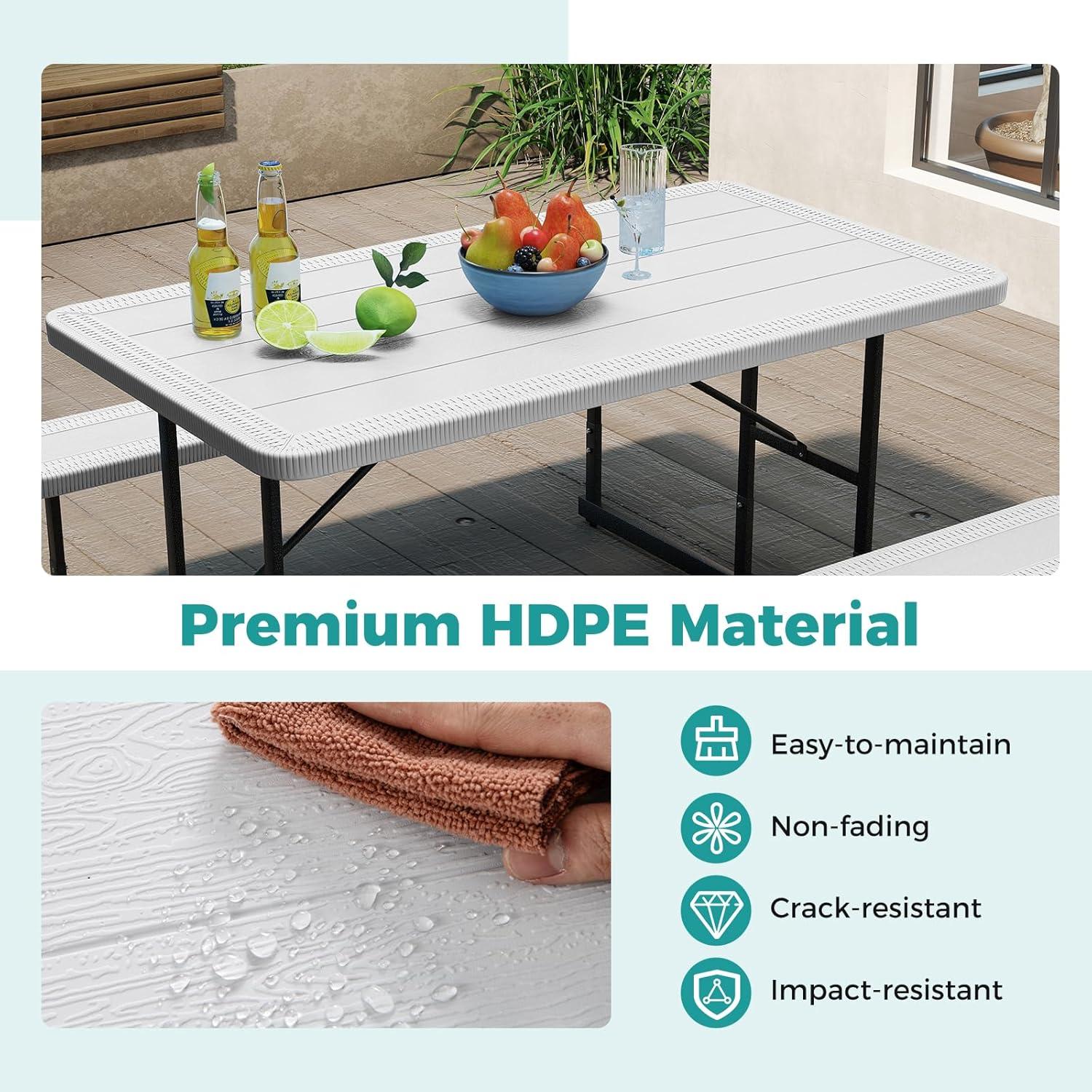 image:imageGiantex Picnic Table Bench Set for 4 People 45FT Outdoor Rectangular Dining Table amp 2 Benches wUmbrella Hole HDPE Tabletop Metal Frame Patio Garden Backyard Poolside 45FTNonFoldableGrayWhite
