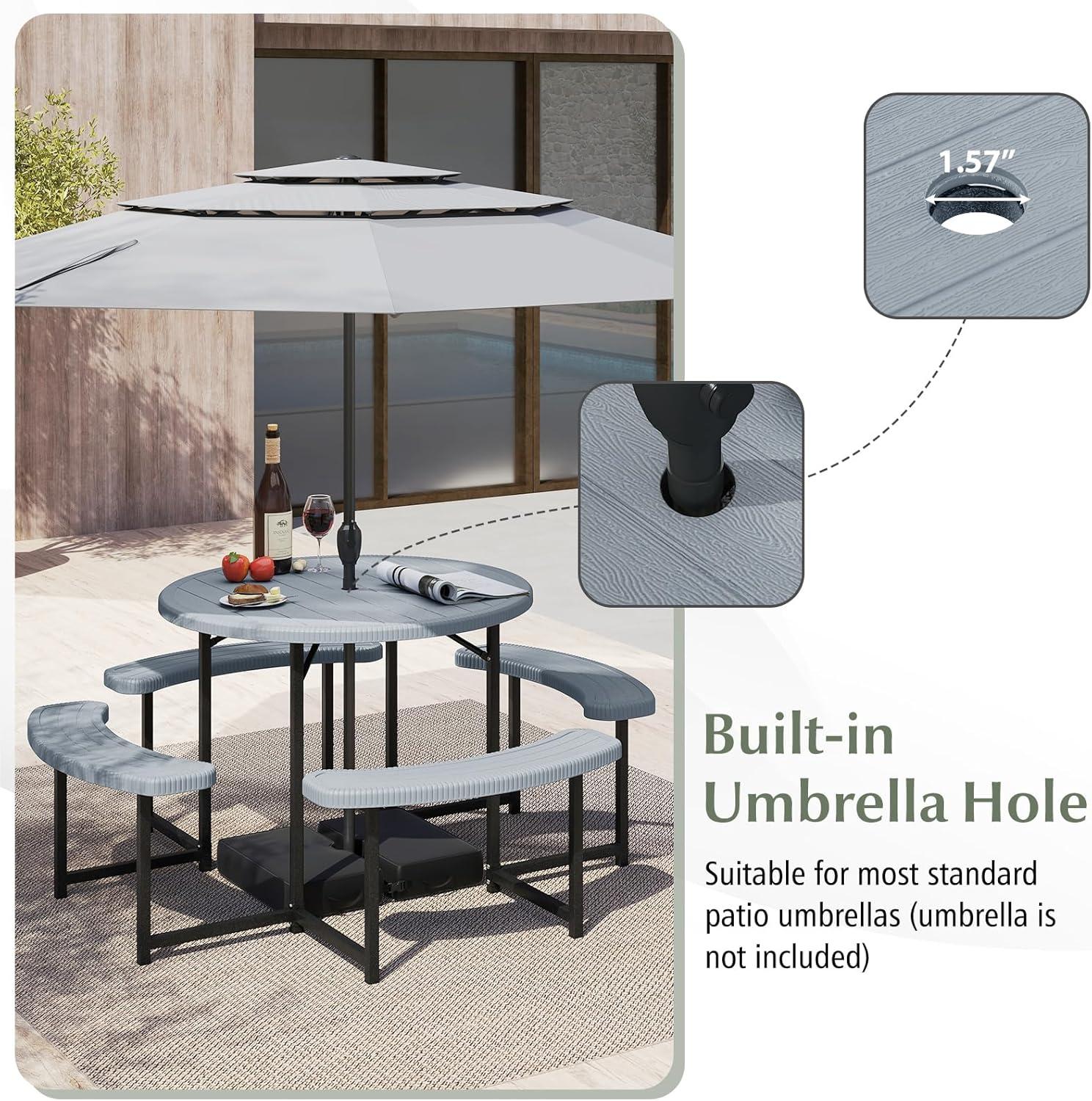 image:imageGiantex Picnic Table Bench Set for 4 People 45FT Outdoor Rectangular Dining Table amp 2 Benches wUmbrella Hole HDPE Tabletop Metal Frame Patio Garden Backyard Poolside 45FTNonFoldableGrayGrey