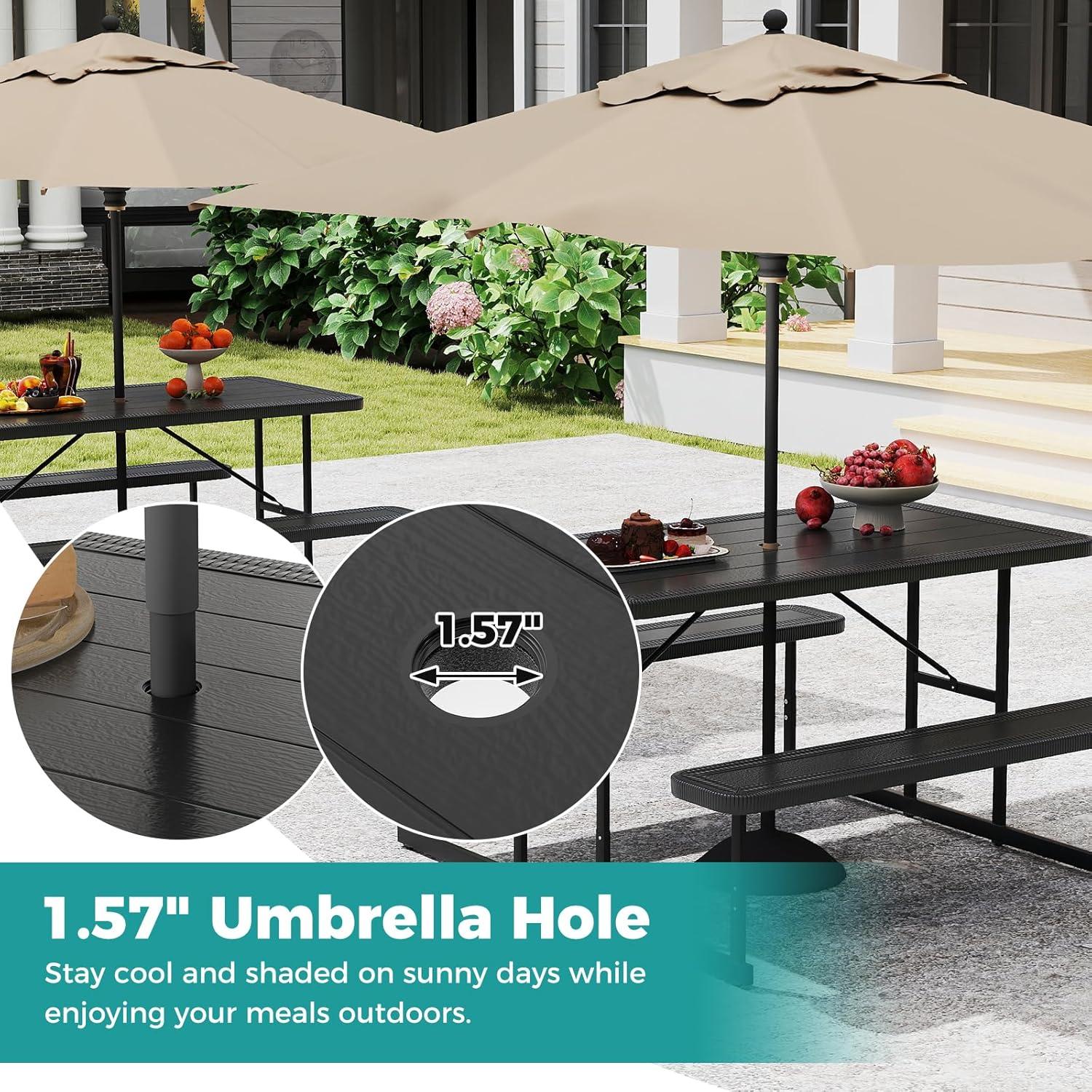 image:imageGiantex Picnic Table Bench Set for 4 People 45FT Outdoor Rectangular Dining Table amp 2 Benches wUmbrella Hole HDPE Tabletop Metal Frame Patio Garden Backyard Poolside 45FTNonFoldableGrayBlack