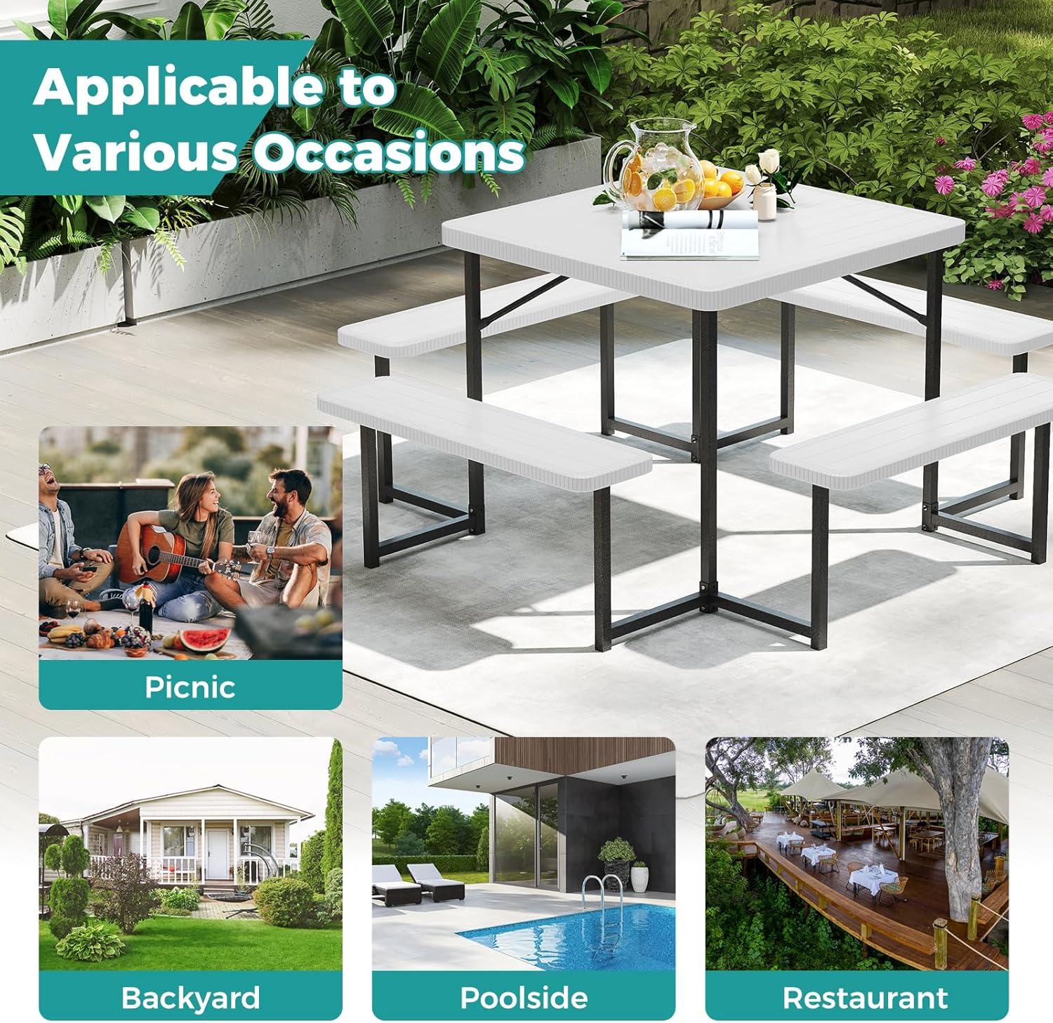 image:imageGiantex Picnic Table Bench Set for 4 People 45FT Outdoor Rectangular Dining Table amp 2 Benches wUmbrella Hole HDPE Tabletop Metal Frame Patio Garden Backyard Poolside 45FTNonFoldableGrayWhite
