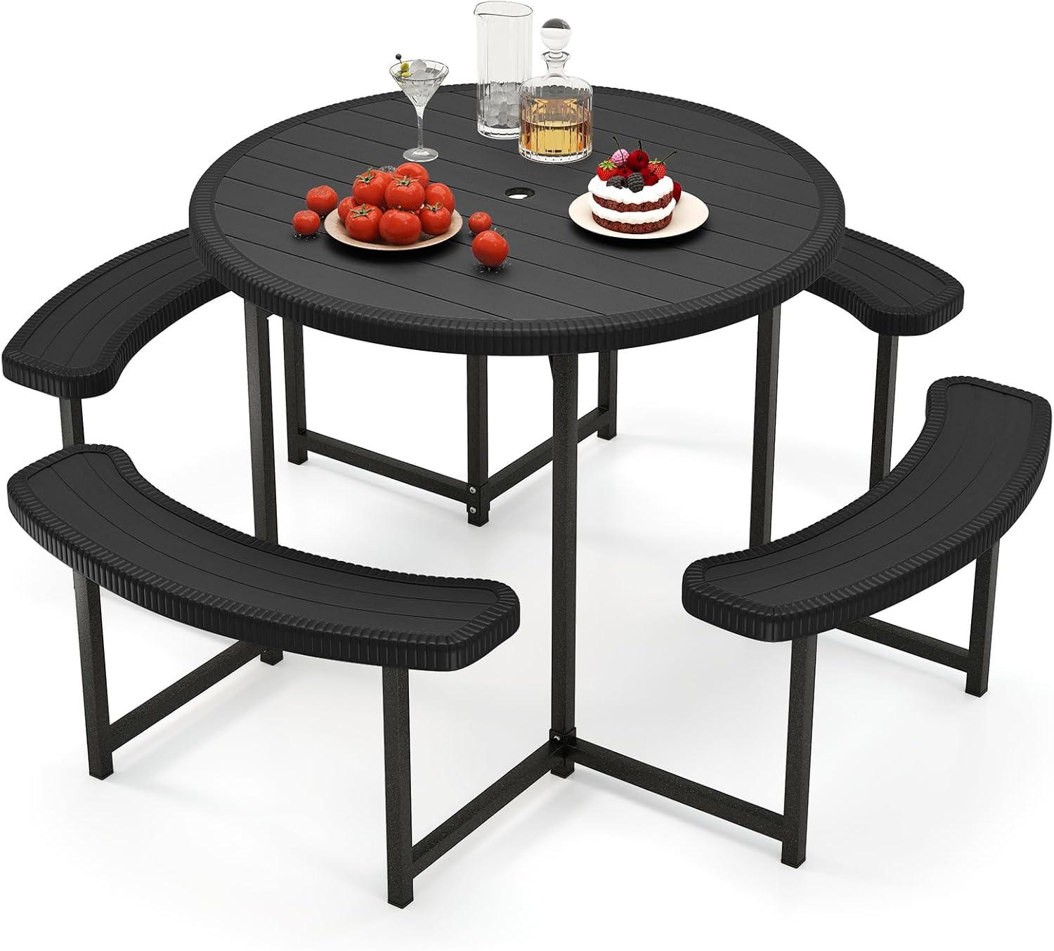image:imageGiantex Picnic Table Bench Set for 4 People 45FT Outdoor Rectangular Dining Table amp 2 Benches wUmbrella Hole HDPE Tabletop Metal Frame Patio Garden Backyard Poolside 45FTNonFoldableGrayBlack