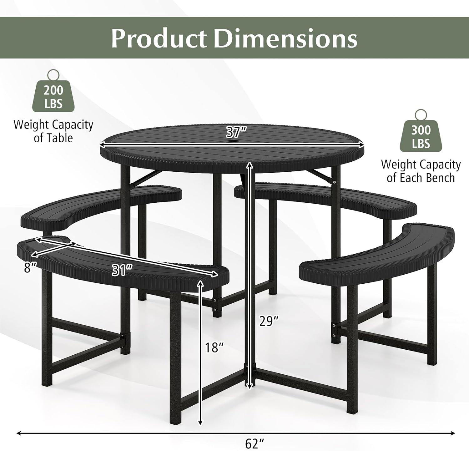 image:imageGiantex Picnic Table Bench Set for 4 People 45FT Outdoor Rectangular Dining Table amp 2 Benches wUmbrella Hole HDPE Tabletop Metal Frame Patio Garden Backyard Poolside 45FTNonFoldableGrayBlack