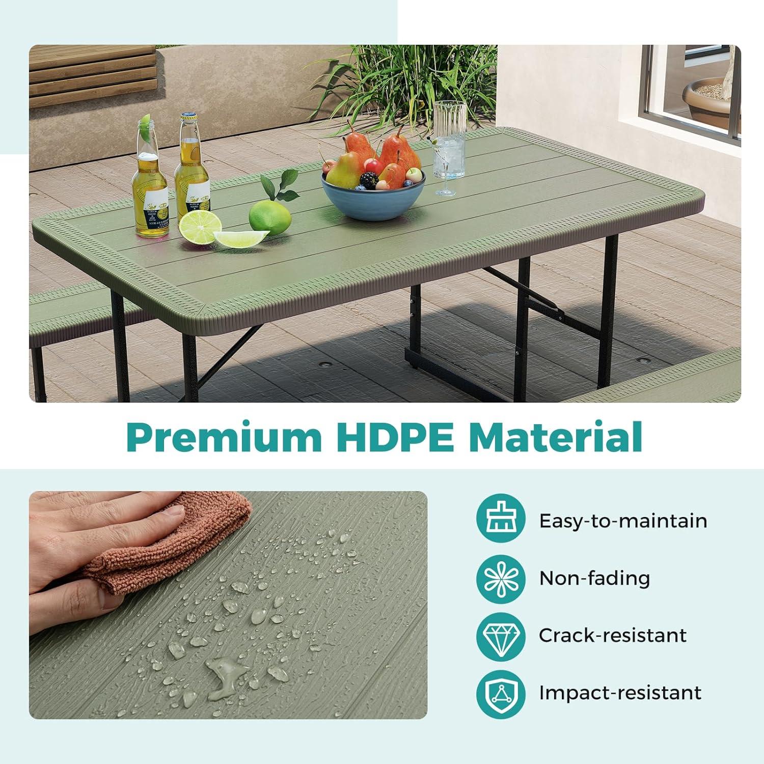 image:imageGiantex Picnic Table Bench Set for 4 People 45FT Outdoor Rectangular Dining Table amp 2 Benches wUmbrella Hole HDPE Tabletop Metal Frame Patio Garden Backyard Poolside 45FTNonFoldableGrayGreen