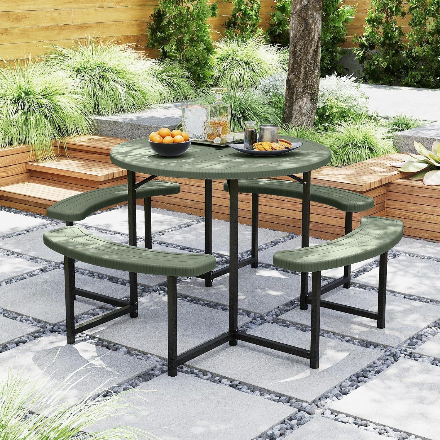 image:imageGiantex Picnic Table Bench Set for 4 People 45FT Outdoor Rectangular Dining Table amp 2 Benches wUmbrella Hole HDPE Tabletop Metal Frame Patio Garden Backyard Poolside 45FTNonFoldableGrayGreen