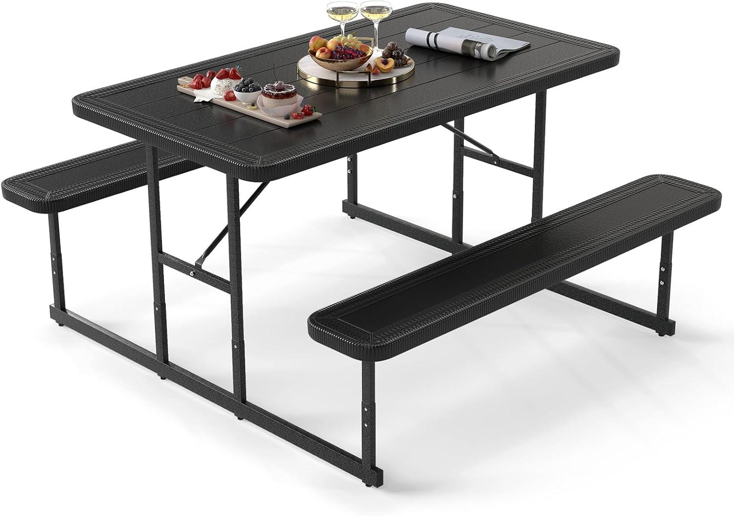 image:imageGiantex Picnic Table Bench Set for 4 People 45FT Outdoor Rectangular Dining Table amp 2 Benches wUmbrella Hole HDPE Tabletop Metal Frame Patio Garden Backyard Poolside 45FTNonFoldableGrayBlack